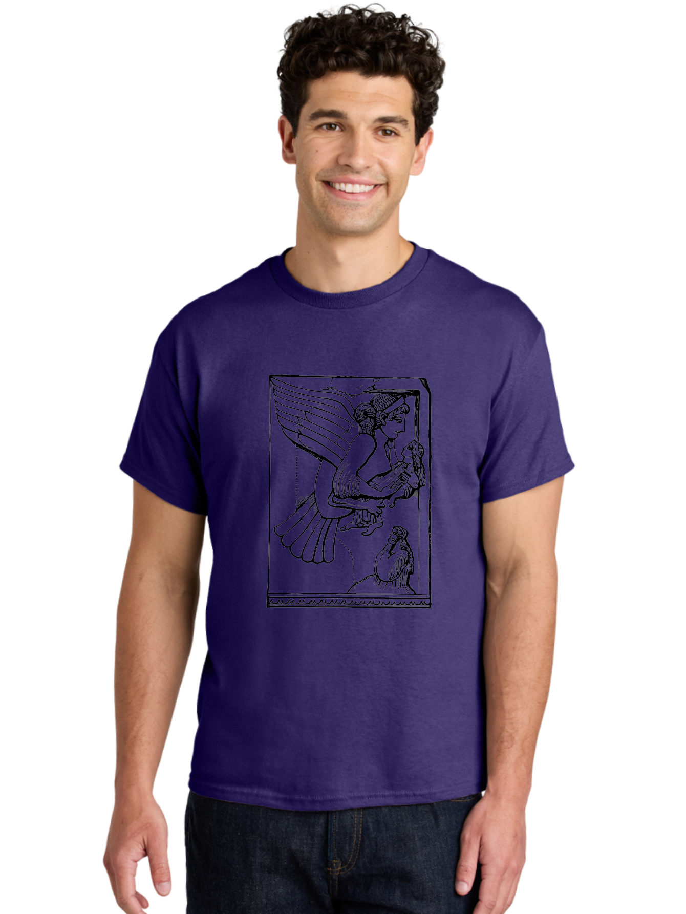 Winged-Goddess-With-Bird Men'S Graphic Tee, 100% Cotton, Comfortable Casual Summer Wear, Machine Washable, Winged Goddess Offering Dove, Ancient Greek Art, Mythological Figure, Dove Symbolism, Angelic Being, Classical Mythology, - Aaa571