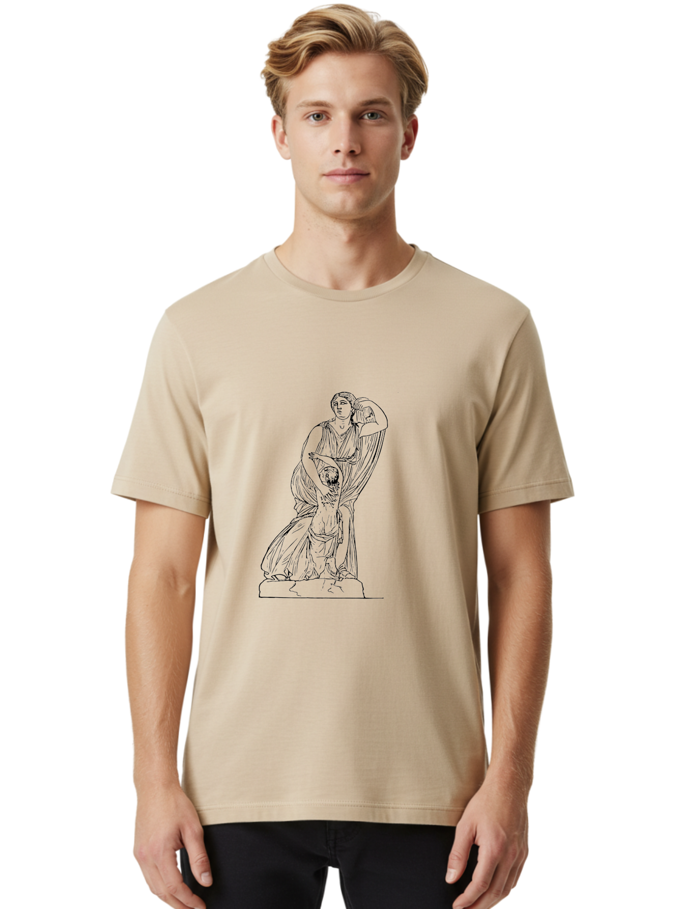 Woman-And-Child-Statue Men'S Graphic Tee, 100% Cotton, Comfortable Casual Summer Wear, Machine Washable, Statue Of A Woman, Classical Art, Greek Or Roman Sculpture, Mother And Child, Flowing Robes, Serene Expression, Iconic Artwork, - Aaa572