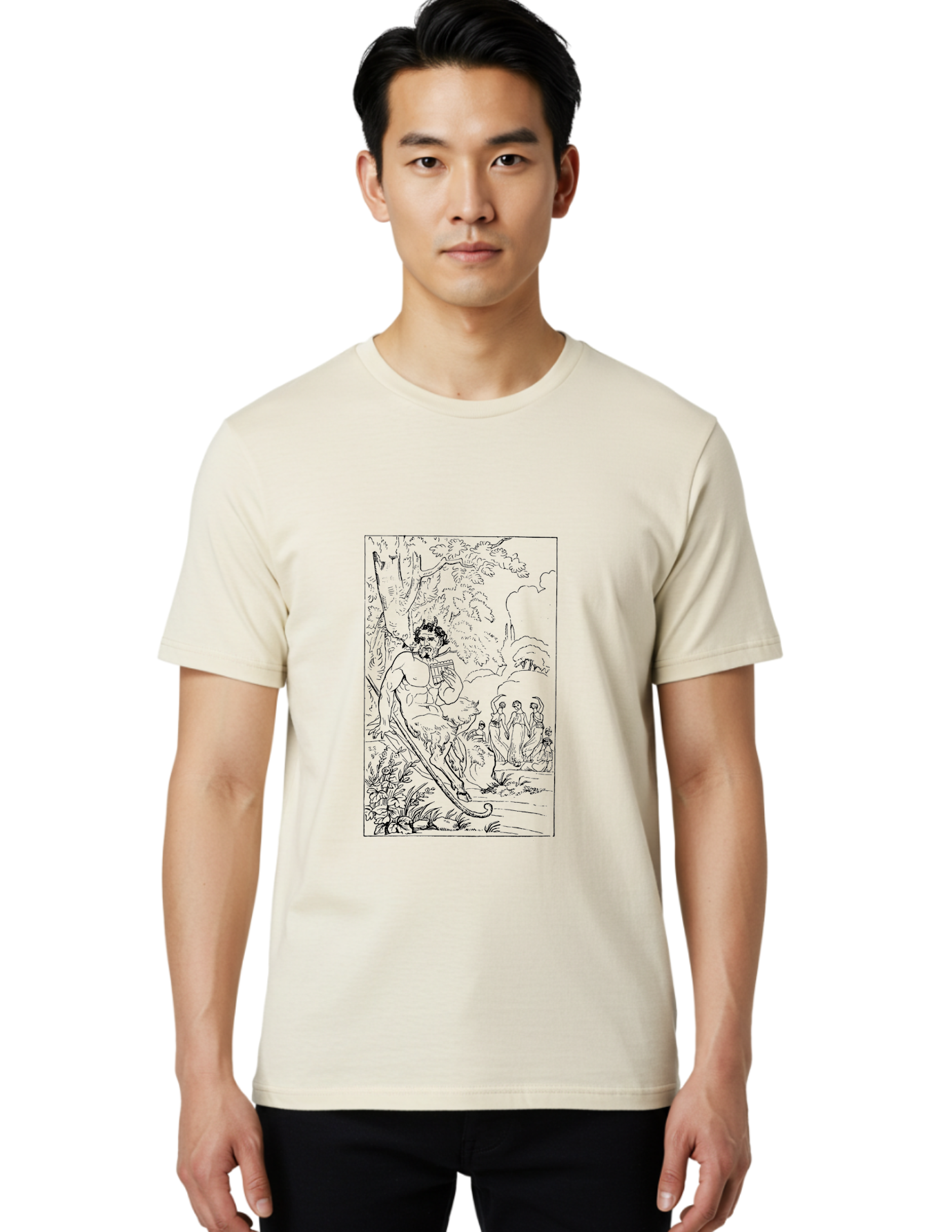 Woman-Hammock Men'S Graphic Tee, 100% Cotton, Comfortable Casual Summer Wear, Machine Washable, Satyrs In Forest, Mythological Creatures, Ancient Greek Mythology, Lush Foliage, Natural Scenery, Idyllic Setting, Folklore, Woodland Nymphs, - Aaa573