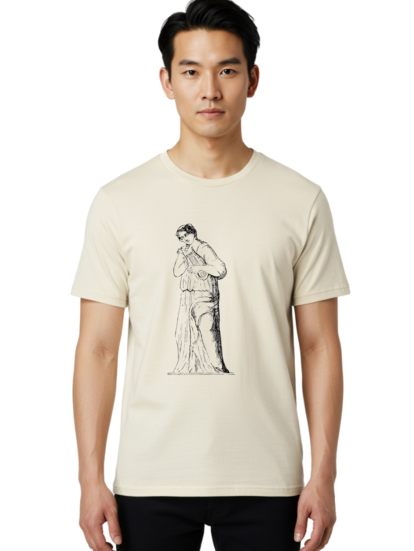 Woman-Playing-Lyre Men'S Graphic Tee, 100% Cotton, Comfortable Casual Summer Wear, Machine Washable, Classical Illustration, Ancient Greek Music, Female Musician, Lyre Player, Artistic Expression, Cultural Heritage, Historical Art, - Aaa574