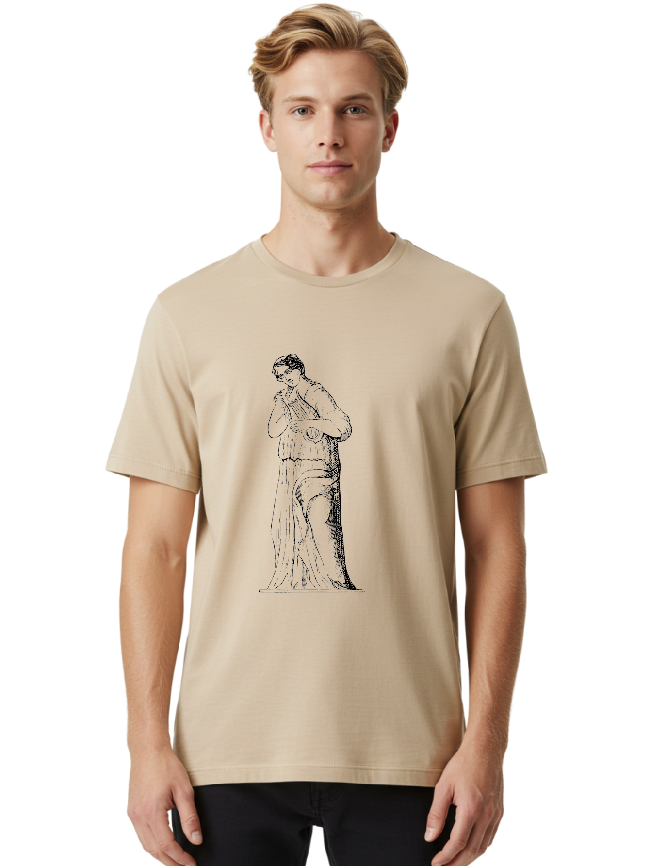 Woman-Playing-Lyre Men'S Graphic Tee, 100% Cotton, Comfortable Casual Summer Wear, Machine Washable, Classical Illustration, Ancient Greek Music, Female Musician, Lyre Player, Artistic Expression, Cultural Heritage, Historical Art, - Aaa574