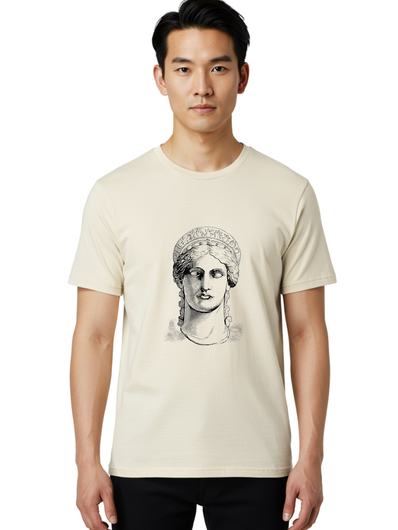 Woman-Portrait Men'S Graphic Tee, 100% Cotton, Comfortable Casual Summer Wear, Machine Washable, Classical Art, Ancient Greek Mythology, Marble Bust, Goddess Statue, Serene Face, Elegant Portrait, Intricate Details, Classical Beauty, - Aaa575