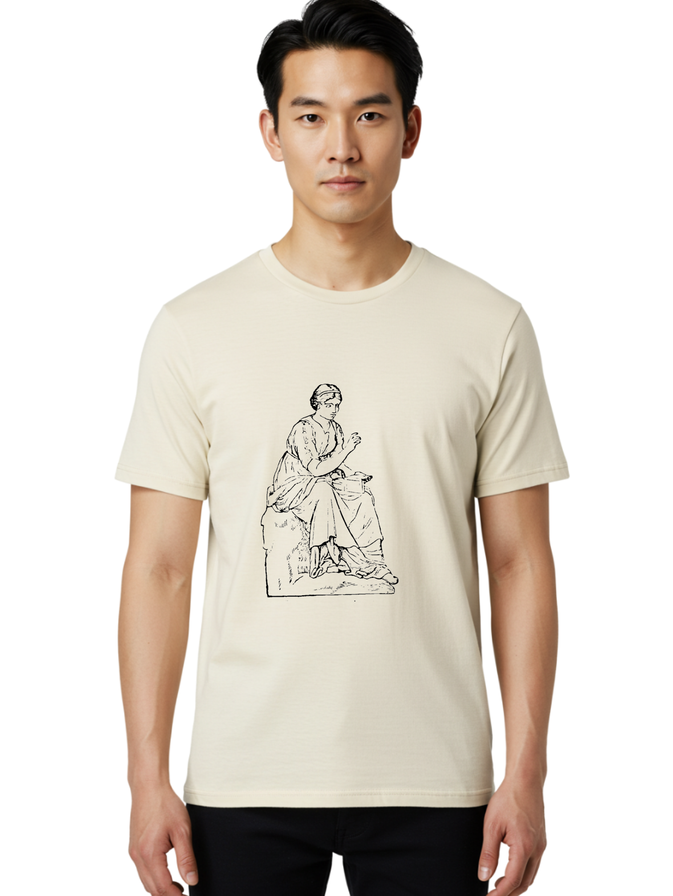 Woman-Sitting Men'S Graphic Tee, 100% Cotton, Comfortable Casual Summer Wear, Machine Washable, Classical Art, Woman Sitting On A Rock, Flowing Dress, Serene Atmosphere, Simple Elegance, Pencil Drawing Style, Female Figure, - Aaa576