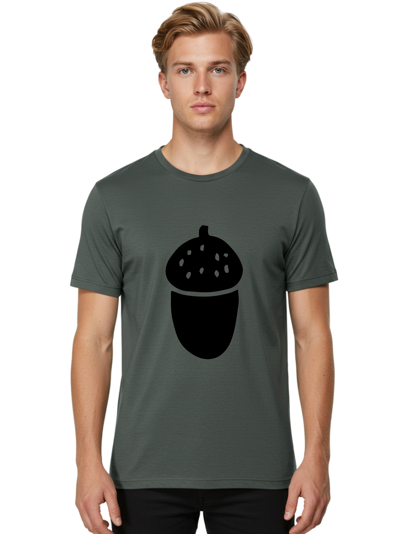 Acorn-Silhouette Men'S Graphic Tee, 100% Cotton, Comfortable Casual Summer Wear, Machine Washable, Acorn Silhouette, Oak Tree Symbol, Forest Icon, Nature Emblem, Autumn Motif, Wildlife Sign, Black Acorn - Aaa578
