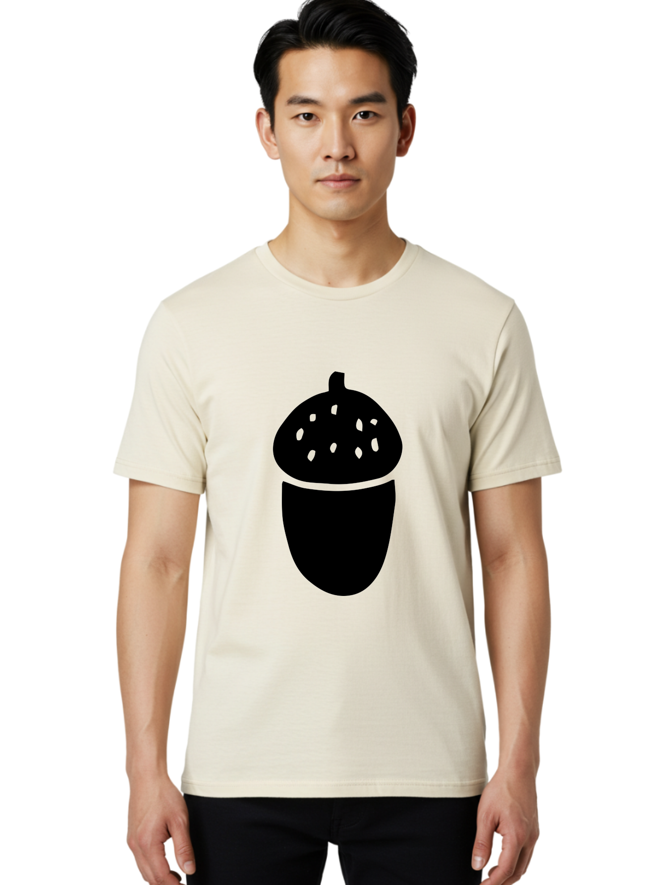 Acorn-Silhouette Men'S Graphic Tee, 100% Cotton, Comfortable Casual Summer Wear, Machine Washable, Acorn Silhouette, Oak Tree Symbol, Forest Icon, Nature Emblem, Autumn Motif, Wildlife Sign, Black Acorn - Aaa578