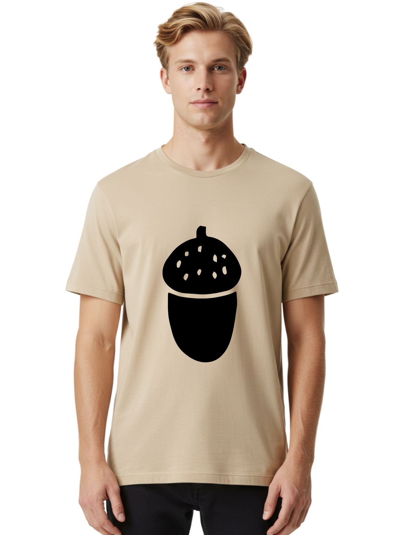 Acorn-Silhouette Men'S Graphic Tee, 100% Cotton, Comfortable Casual Summer Wear, Machine Washable, Acorn Silhouette, Oak Tree Symbol, Forest Icon, Nature Emblem, Autumn Motif, Wildlife Sign, Black Acorn - Aaa578