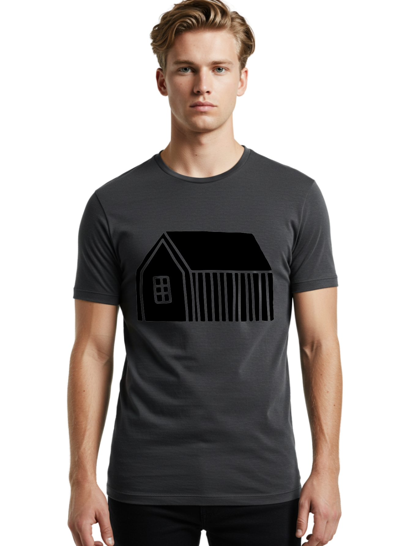 Barn Men'S Graphic Tee, 100% Cotton, Comfortable Casual Summer Wear, Machine Washable, Barn Illustration, Simple Design, Rural Architecture, Farm Building, Minimalist Art, Country Style, Black Silhouette, Green Outline - Aaa580
