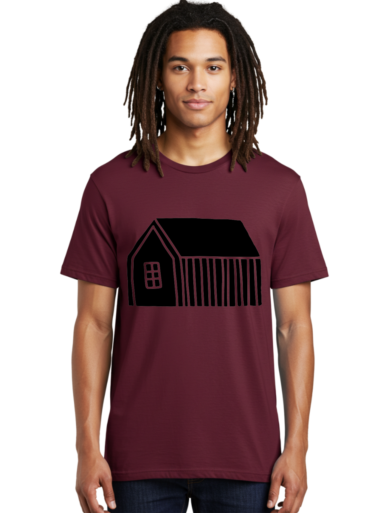 Barn Men'S Graphic Tee, 100% Cotton, Comfortable Casual Summer Wear, Machine Washable, Barn Illustration, Simple Design, Rural Architecture, Farm Building, Minimalist Art, Country Style, Black Silhouette, Green Outline - Aaa580