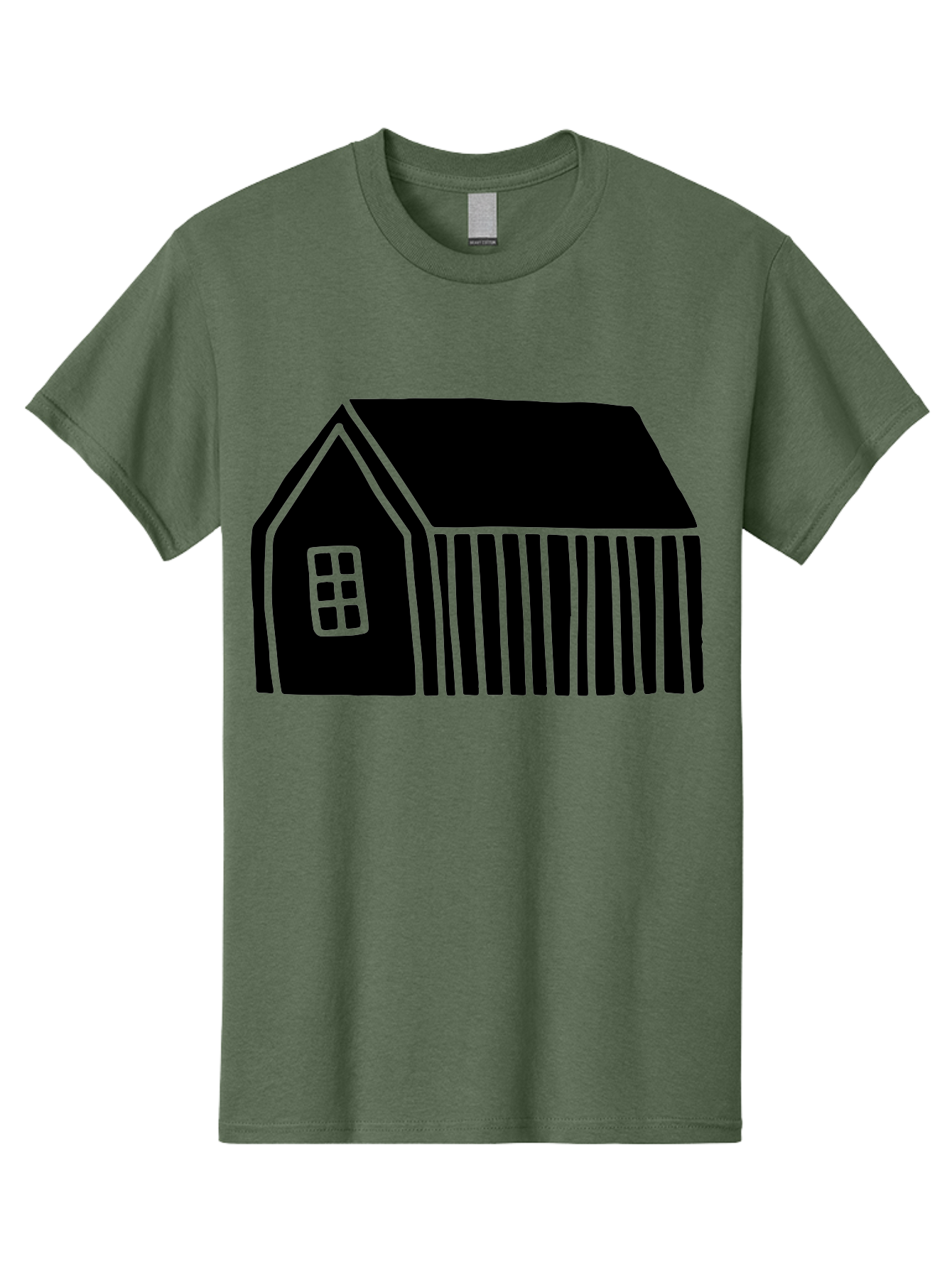 Barn Men'S Graphic Tee, 100% Cotton, Comfortable Casual Summer Wear, Machine Washable, Barn Illustration, Simple Design, Rural Architecture, Farm Building, Minimalist Art, Country Style, Black Silhouette, Green Outline - Aaa580