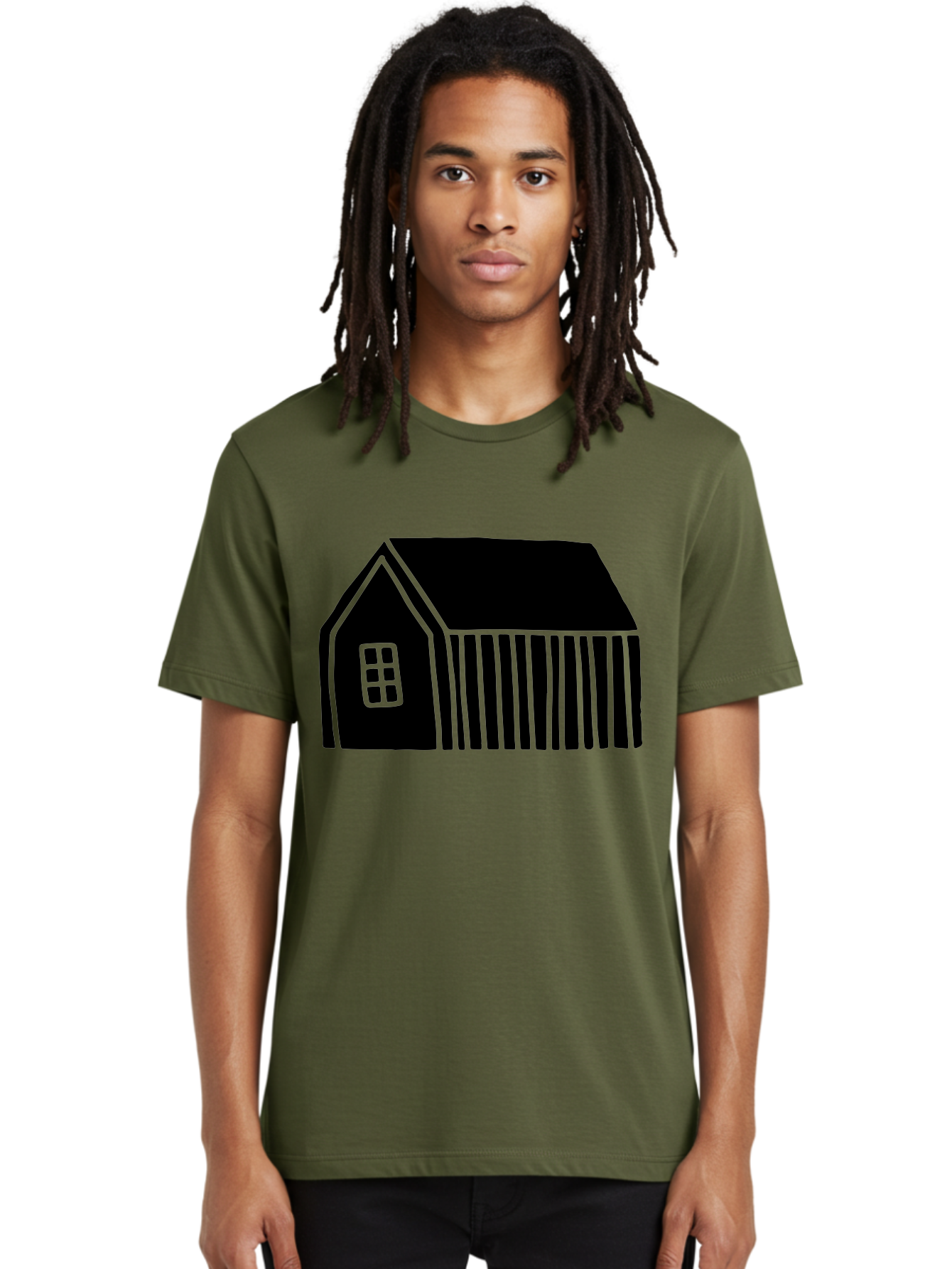 Barn Men'S Graphic Tee, 100% Cotton, Comfortable Casual Summer Wear, Machine Washable, Barn Illustration, Simple Design, Rural Architecture, Farm Building, Minimalist Art, Country Style, Black Silhouette, Green Outline - Aaa580