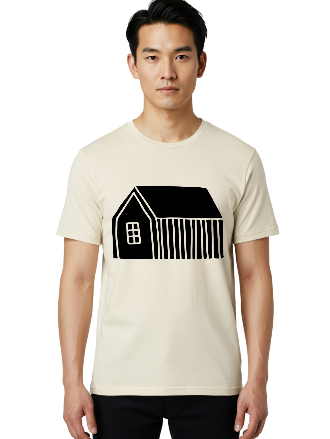 Barn Men'S Graphic Tee, 100% Cotton, Comfortable Casual Summer Wear, Machine Washable, Barn Illustration, Simple Design, Rural Architecture, Farm Building, Minimalist Art, Country Style, Black Silhouette, Green Outline - Aaa580