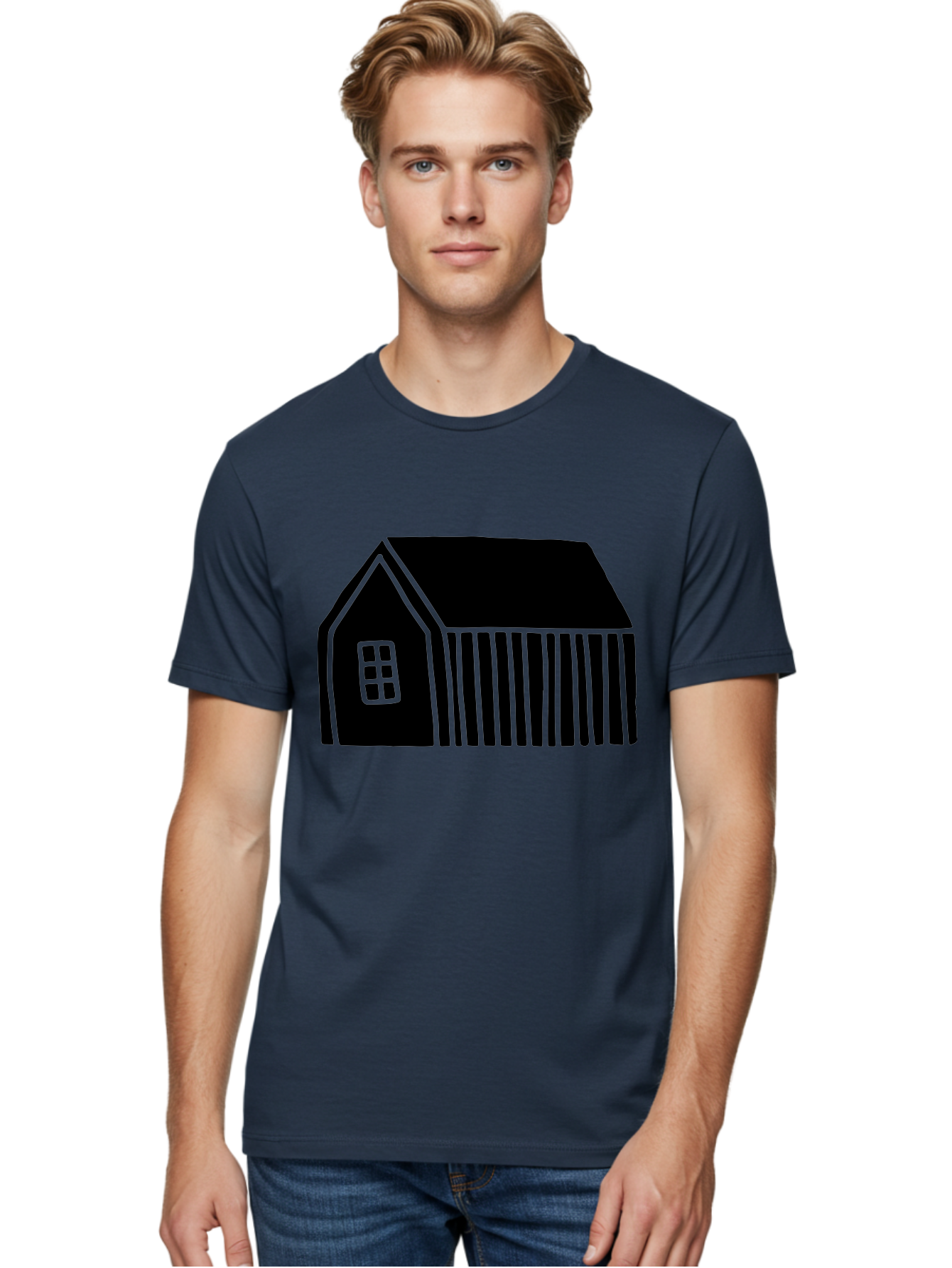Barn Men'S Graphic Tee, 100% Cotton, Comfortable Casual Summer Wear, Machine Washable, Barn Illustration, Simple Design, Rural Architecture, Farm Building, Minimalist Art, Country Style, Black Silhouette, Green Outline - Aaa580