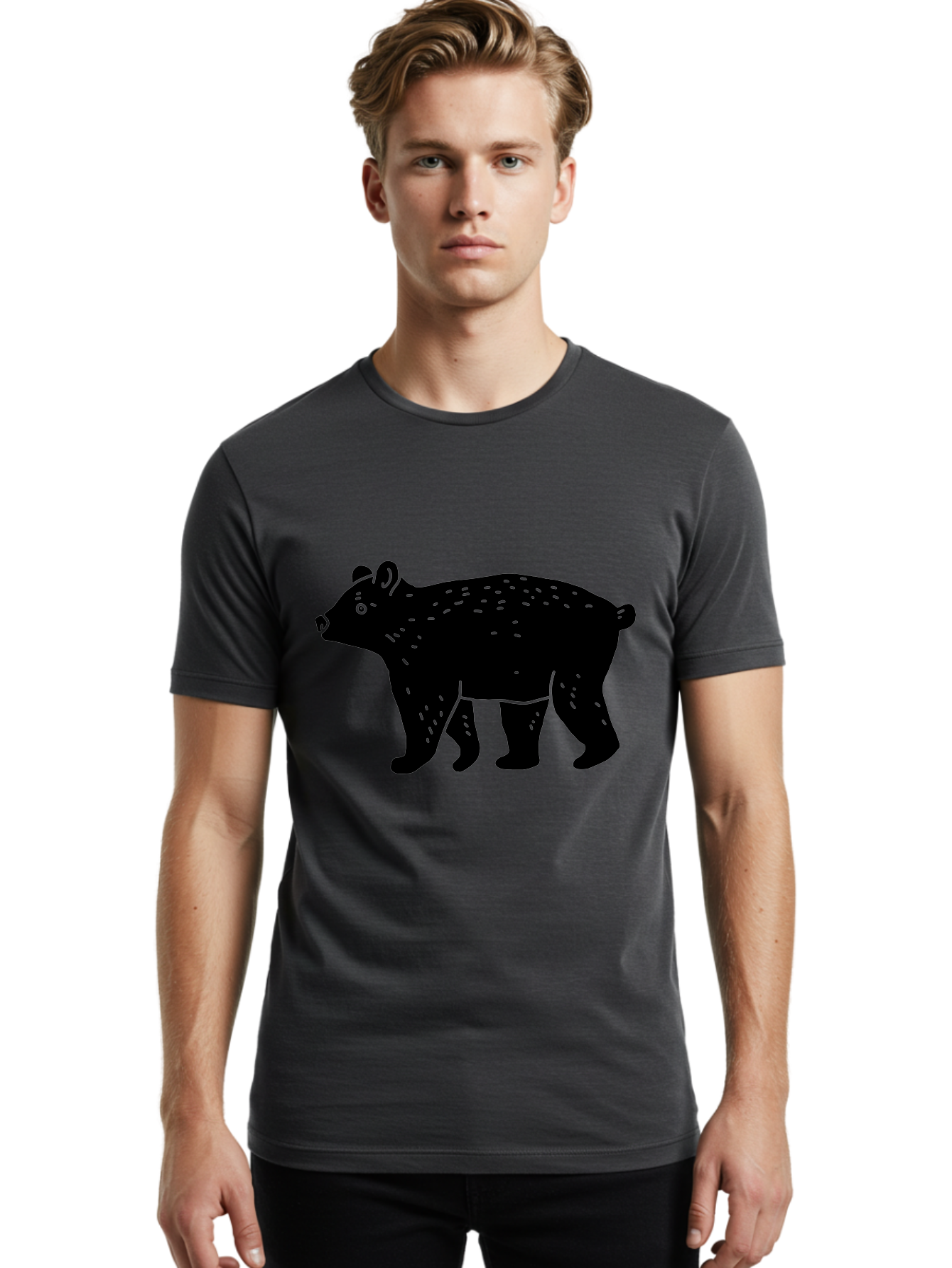 Bear Men'S Graphic Tee, 100% Cotton, Comfortable Casual Summer Wear, Machine Washable, Black Bear, Wildlife Animal, Forest Creature, Wild Beast, Mammal, Illustration, Simple Design, Minimalist Art - Aaa581
