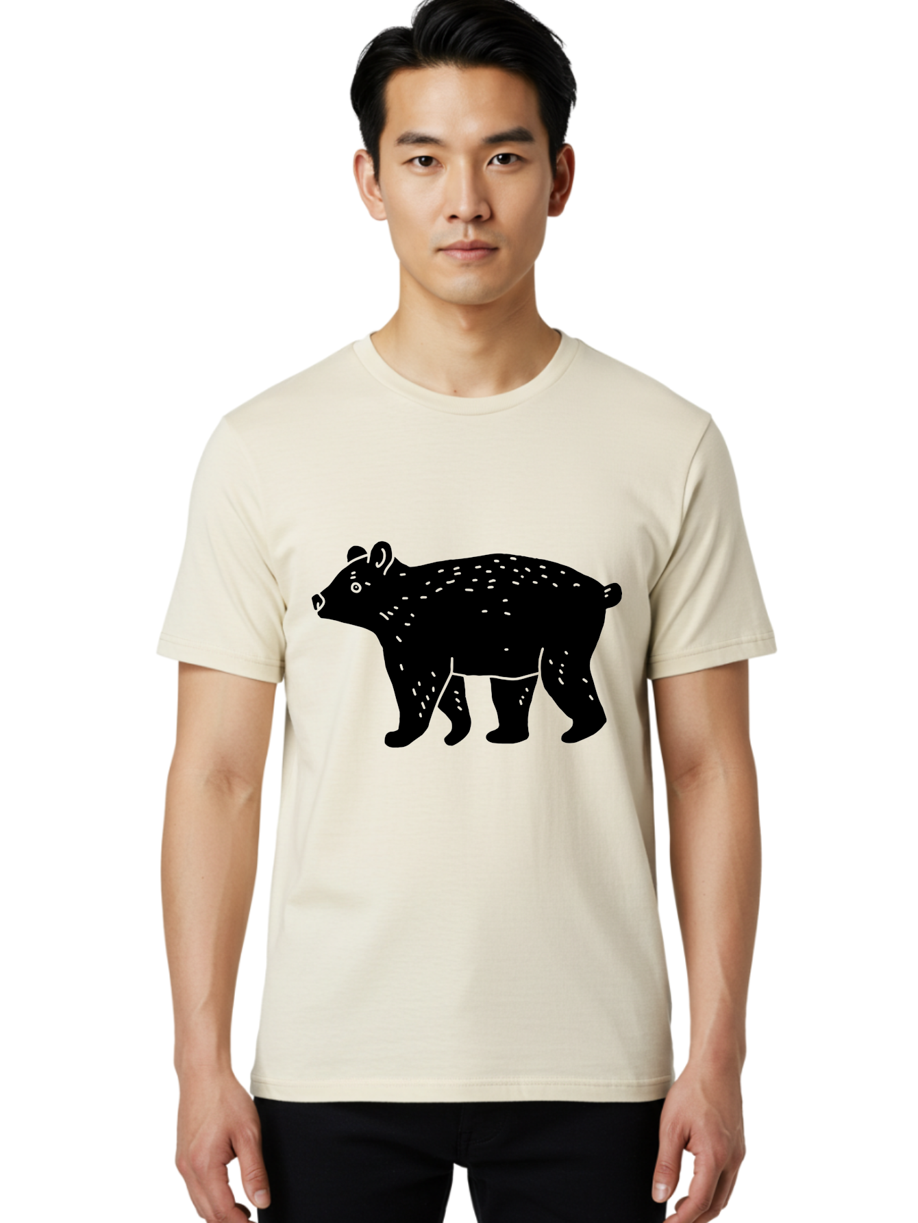Bear Men'S Graphic Tee, 100% Cotton, Comfortable Casual Summer Wear, Machine Washable, Black Bear, Wildlife Animal, Forest Creature, Wild Beast, Mammal, Illustration, Simple Design, Minimalist Art - Aaa581