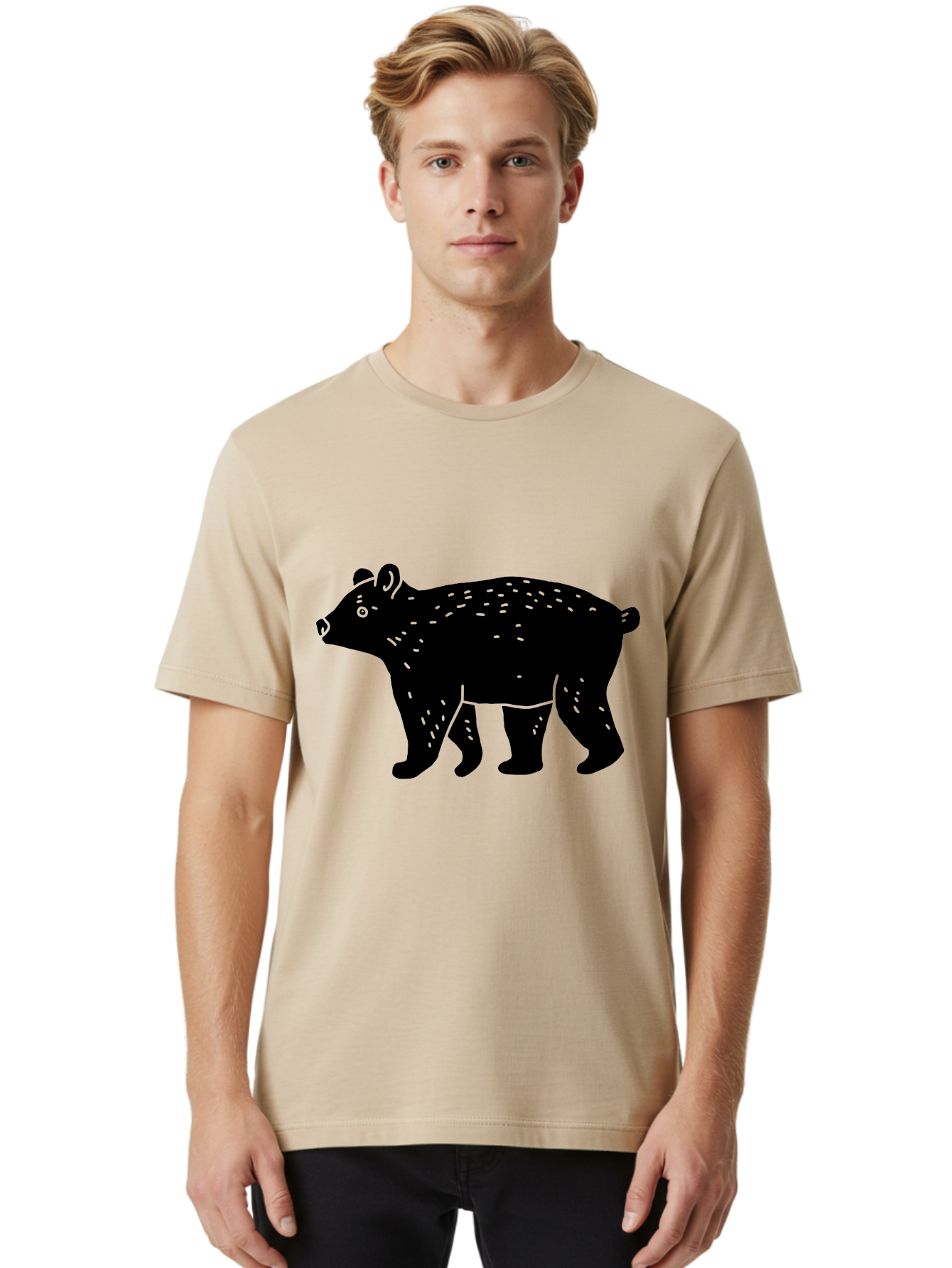 Bear Men'S Graphic Tee, 100% Cotton, Comfortable Casual Summer Wear, Machine Washable, Black Bear, Wildlife Animal, Forest Creature, Wild Beast, Mammal, Illustration, Simple Design, Minimalist Art - Aaa581