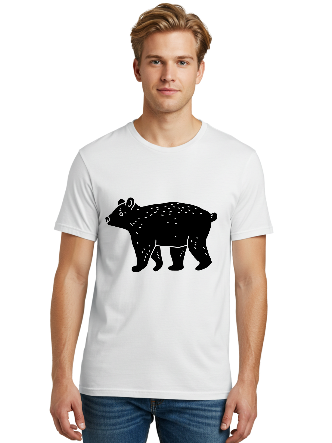 Bear Men'S Graphic Tee, 100% Cotton, Comfortable Casual Summer Wear, Machine Washable, Black Bear, Wildlife Animal, Forest Creature, Wild Beast, Mammal, Illustration, Simple Design, Minimalist Art - Aaa581