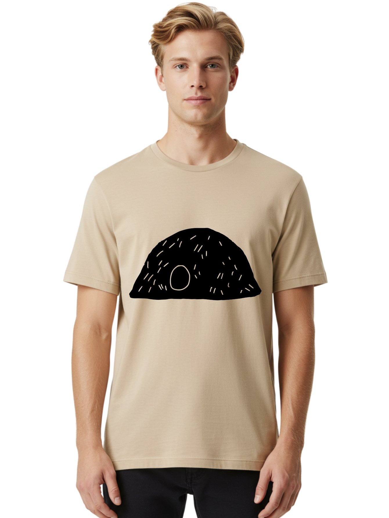 Black-Mushroom Men'S Graphic Tee, 100% Cotton, Comfortable Casual Summer Wear, Machine Washable, Black Dome Shape, Green Neon Lines, Abstract Art, Futuristic Design, Modern Graphic, Minimalist Style, Simple Shapes, Neon Accents - Aaa584