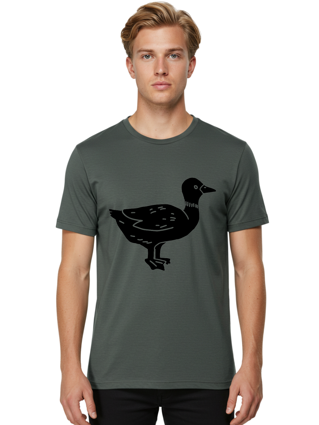 Duck Men'S Graphic Tee, 100% Cotton, Comfortable Casual Summer Wear, Machine Washable, Duck Silhouette, Minimalist Art, Simple Shapes, Bird Illustration, Wildlife Graphic, Vector Art, Black And Green, Modern Design - Aaa588