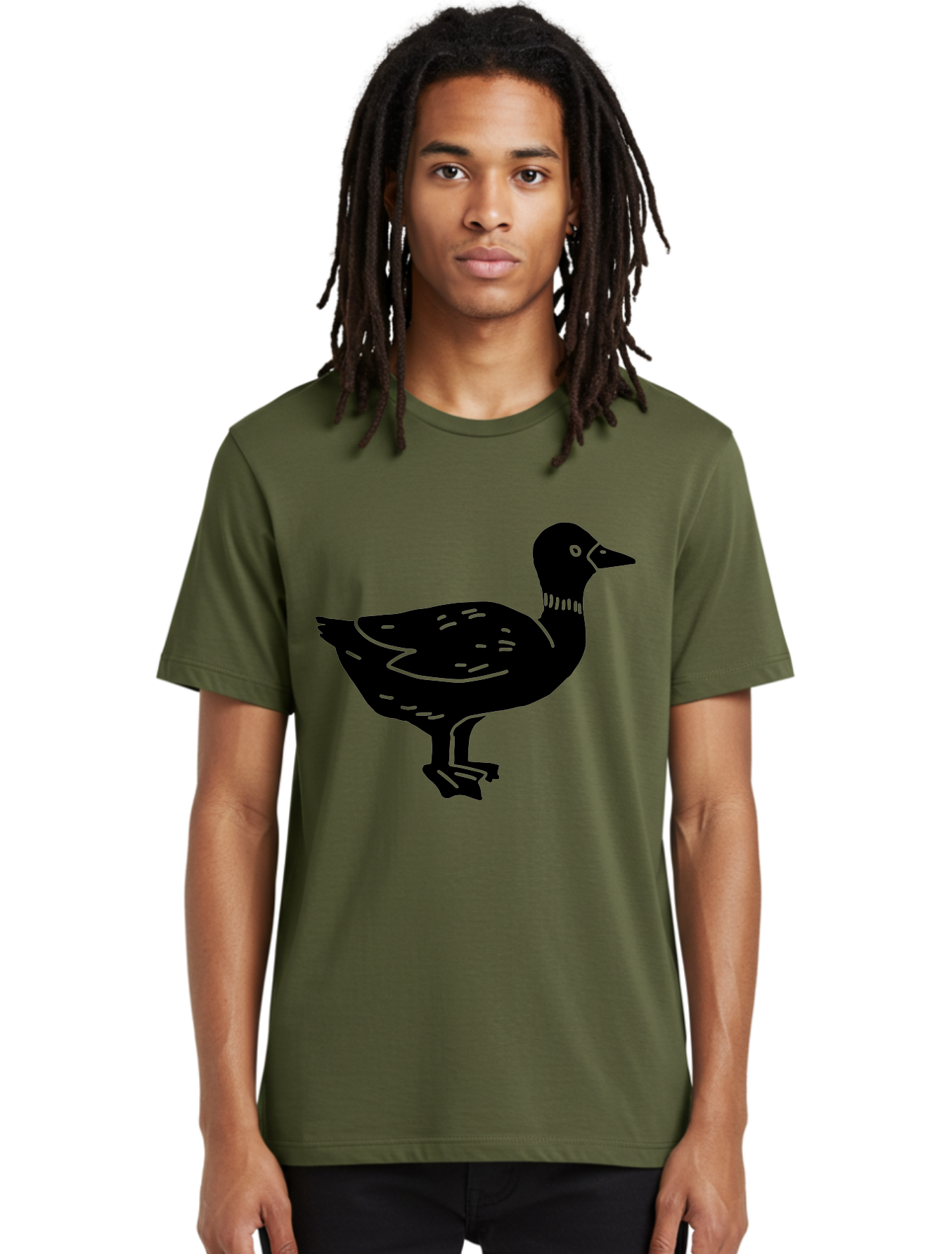 Duck Men'S Graphic Tee, 100% Cotton, Comfortable Casual Summer Wear, Machine Washable, Duck Silhouette, Minimalist Art, Simple Shapes, Bird Illustration, Wildlife Graphic, Vector Art, Black And Green, Modern Design - Aaa588