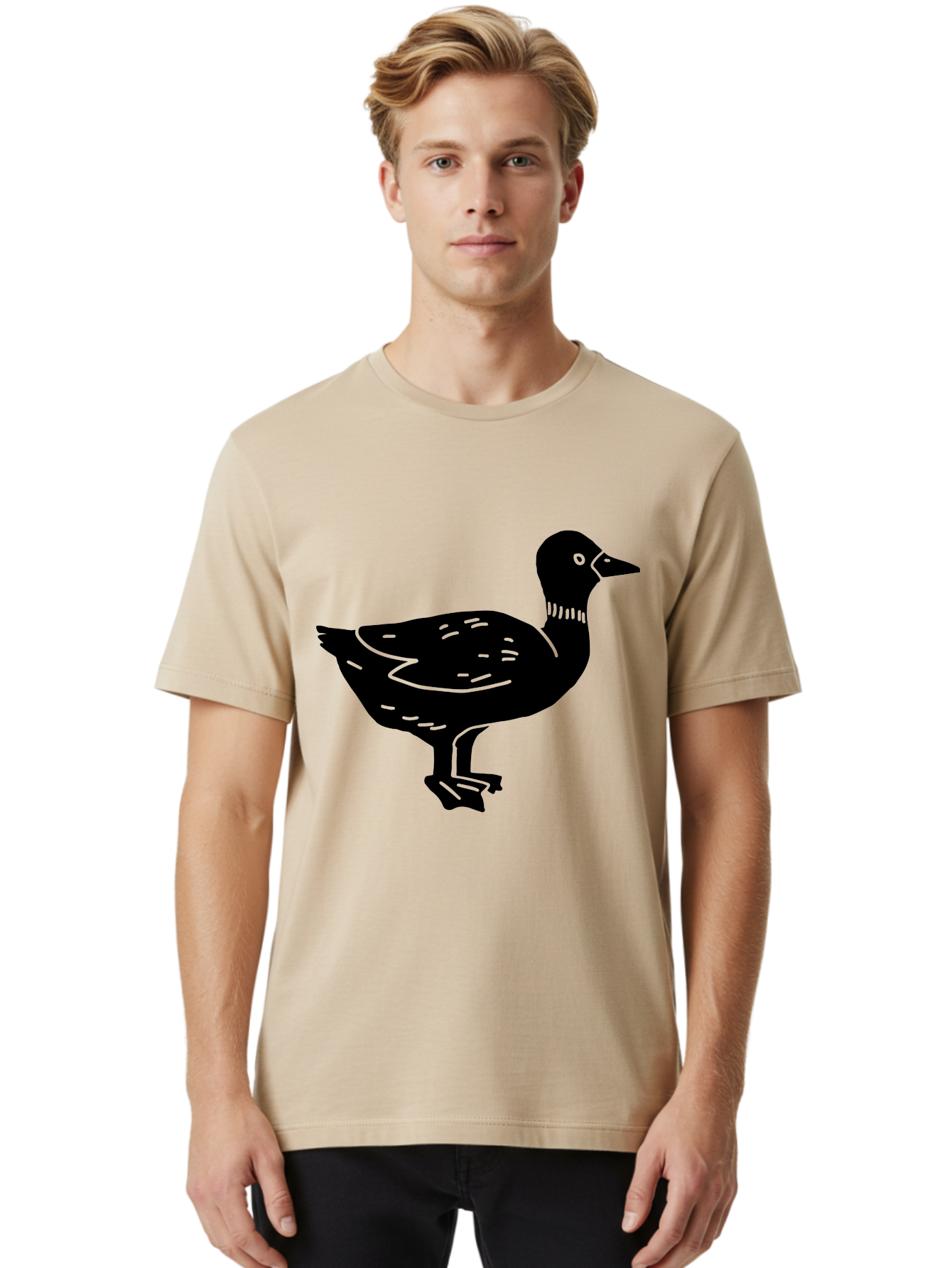 Duck Men'S Graphic Tee, 100% Cotton, Comfortable Casual Summer Wear, Machine Washable, Duck Silhouette, Minimalist Art, Simple Shapes, Bird Illustration, Wildlife Graphic, Vector Art, Black And Green, Modern Design - Aaa588