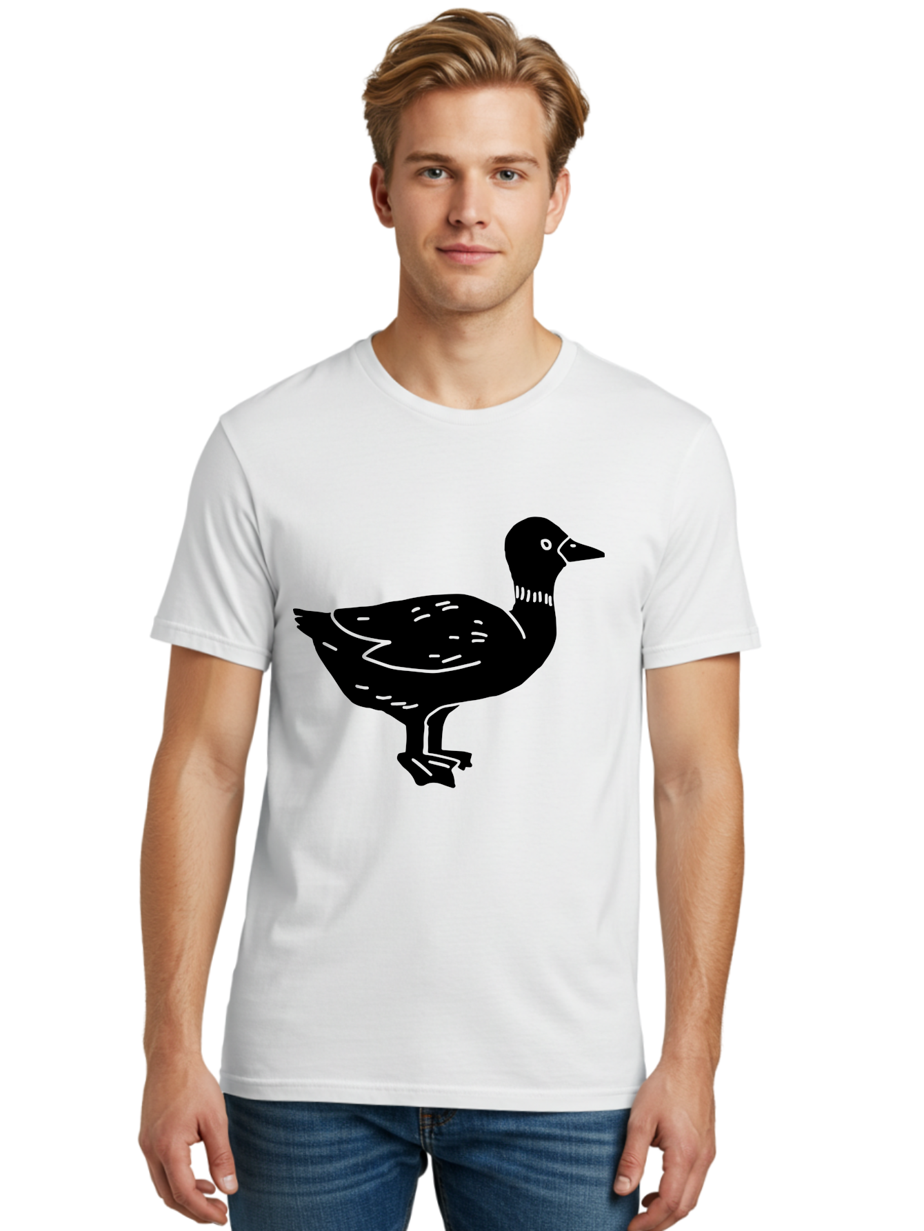 Duck Men'S Graphic Tee, 100% Cotton, Comfortable Casual Summer Wear, Machine Washable, Duck Silhouette, Minimalist Art, Simple Shapes, Bird Illustration, Wildlife Graphic, Vector Art, Black And Green, Modern Design - Aaa588