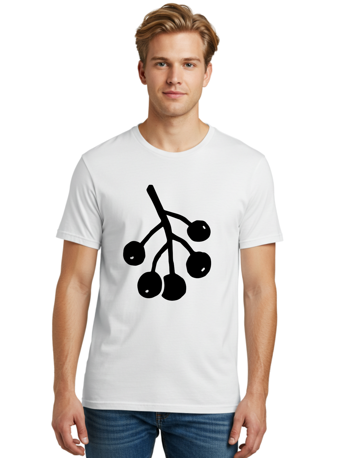 Five-Cherries Men'S Graphic Tee, 100% Cotton, Comfortable Casual Summer Wear, Machine Washable, Black Cherries Silhouette, Minimalist Design, Fruit Icon, Cherry Stem, Simple Graphics, Vector Illustration, Bold Silhouette, - Aaa589