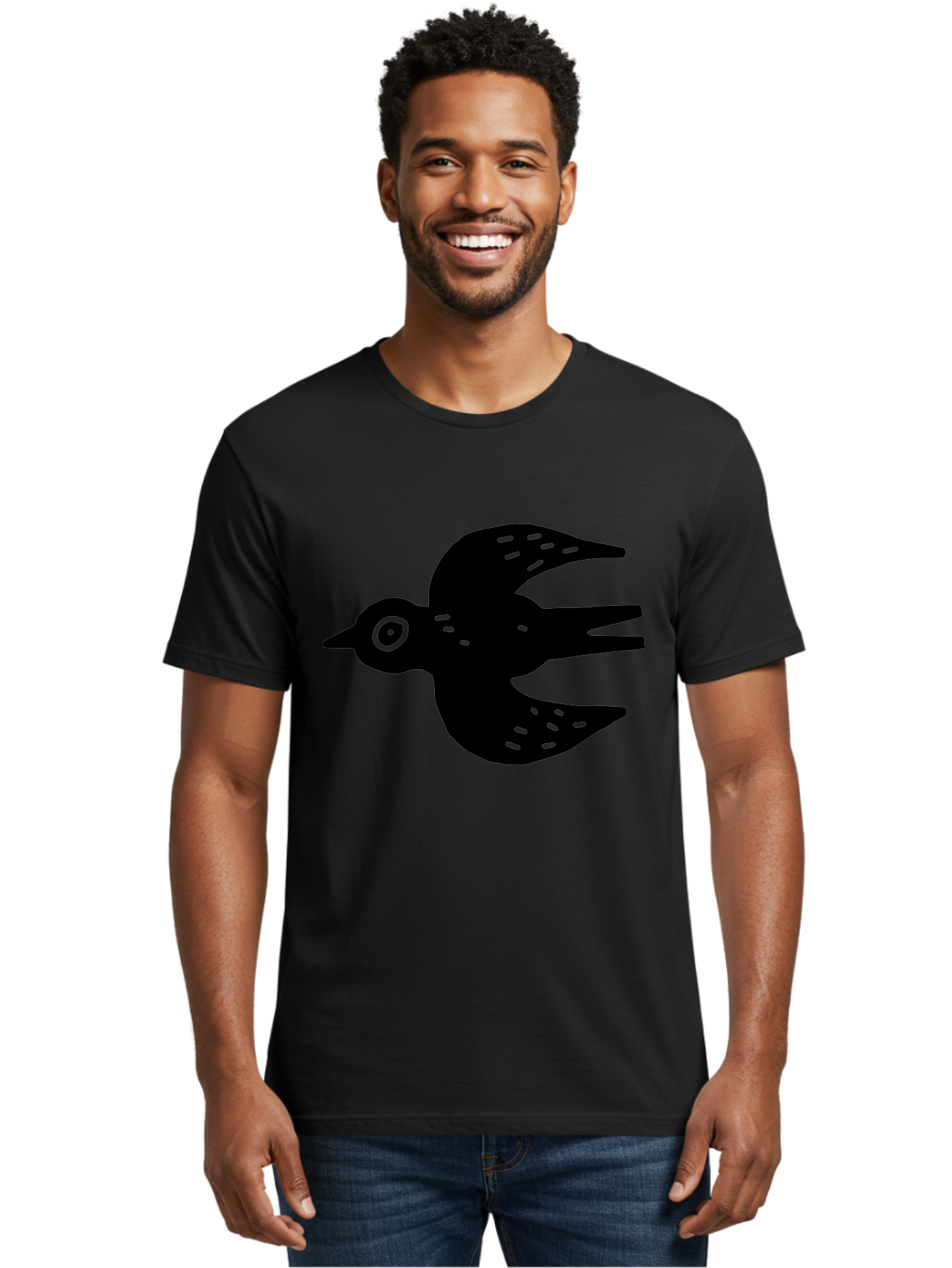 Flying-Bird Men'S Graphic Tee, 100% Cotton, Comfortable Casual Summer Wear, Machine Washable, Black Bird Silhouette, Bird In Flight, Simple Design, Graphic Illustration, Minimalist Art, Wildlife Symbol, Flying Bird, Abstract Shape, - Aaa591