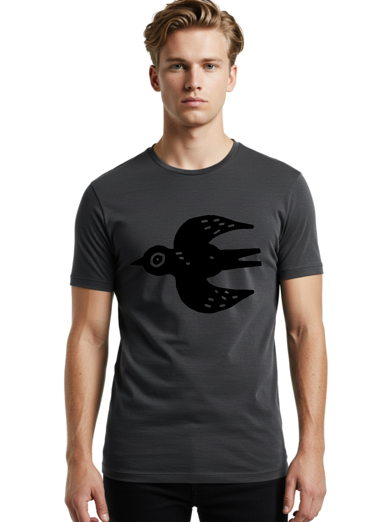 Flying-Bird Men'S Graphic Tee, 100% Cotton, Comfortable Casual Summer Wear, Machine Washable, Black Bird Silhouette, Bird In Flight, Simple Design, Graphic Illustration, Minimalist Art, Wildlife Symbol, Flying Bird, Abstract Shape, - Aaa591
