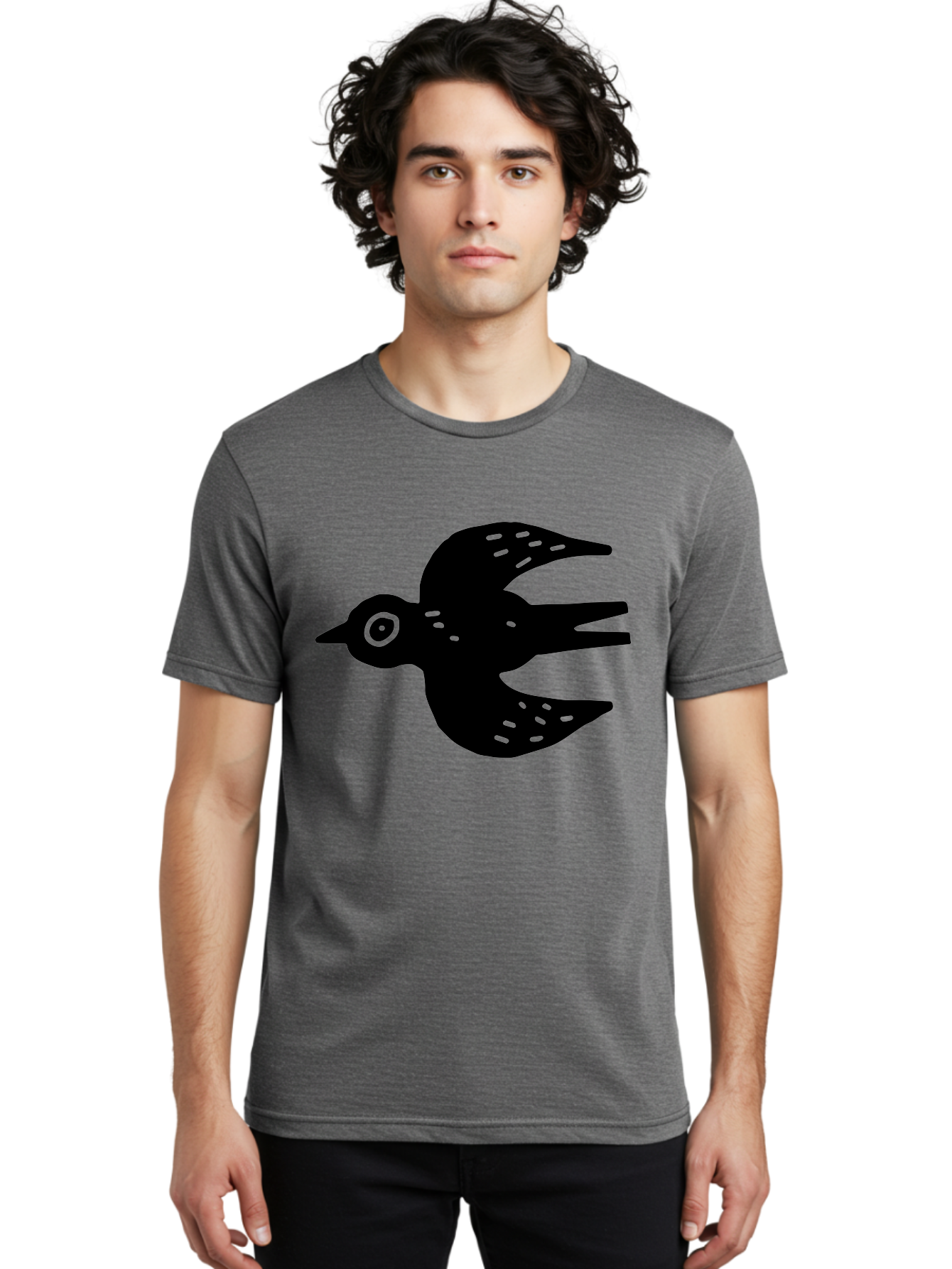 Flying-Bird Men'S Graphic Tee, 100% Cotton, Comfortable Casual Summer Wear, Machine Washable, Black Bird Silhouette, Bird In Flight, Simple Design, Graphic Illustration, Minimalist Art, Wildlife Symbol, Flying Bird, Abstract Shape, - Aaa591