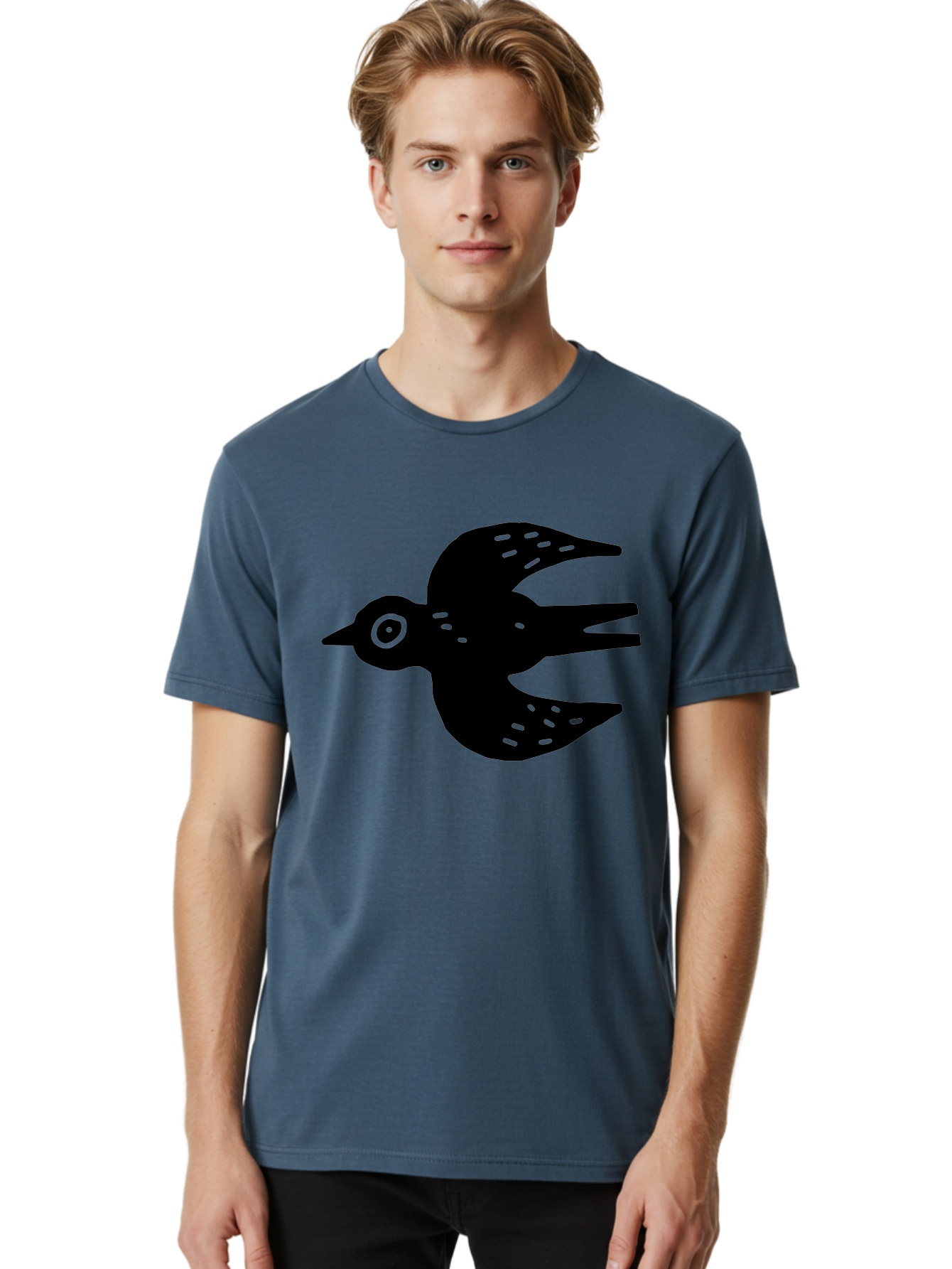 Flying-Bird Men'S Graphic Tee, 100% Cotton, Comfortable Casual Summer Wear, Machine Washable, Black Bird Silhouette, Bird In Flight, Simple Design, Graphic Illustration, Minimalist Art, Wildlife Symbol, Flying Bird, Abstract Shape, - Aaa591