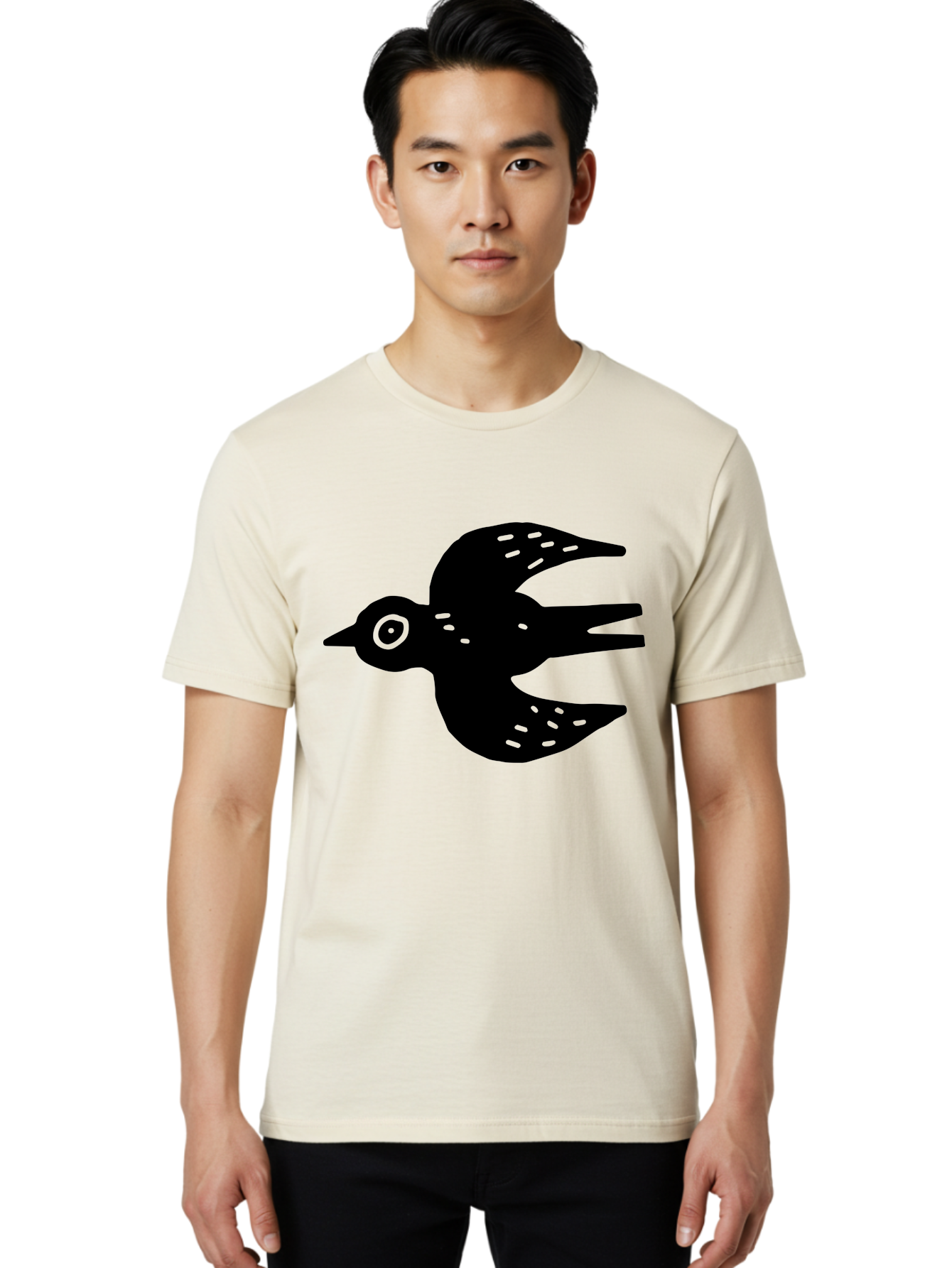 Flying-Bird Men'S Graphic Tee, 100% Cotton, Comfortable Casual Summer Wear, Machine Washable, Black Bird Silhouette, Bird In Flight, Simple Design, Graphic Illustration, Minimalist Art, Wildlife Symbol, Flying Bird, Abstract Shape, - Aaa591