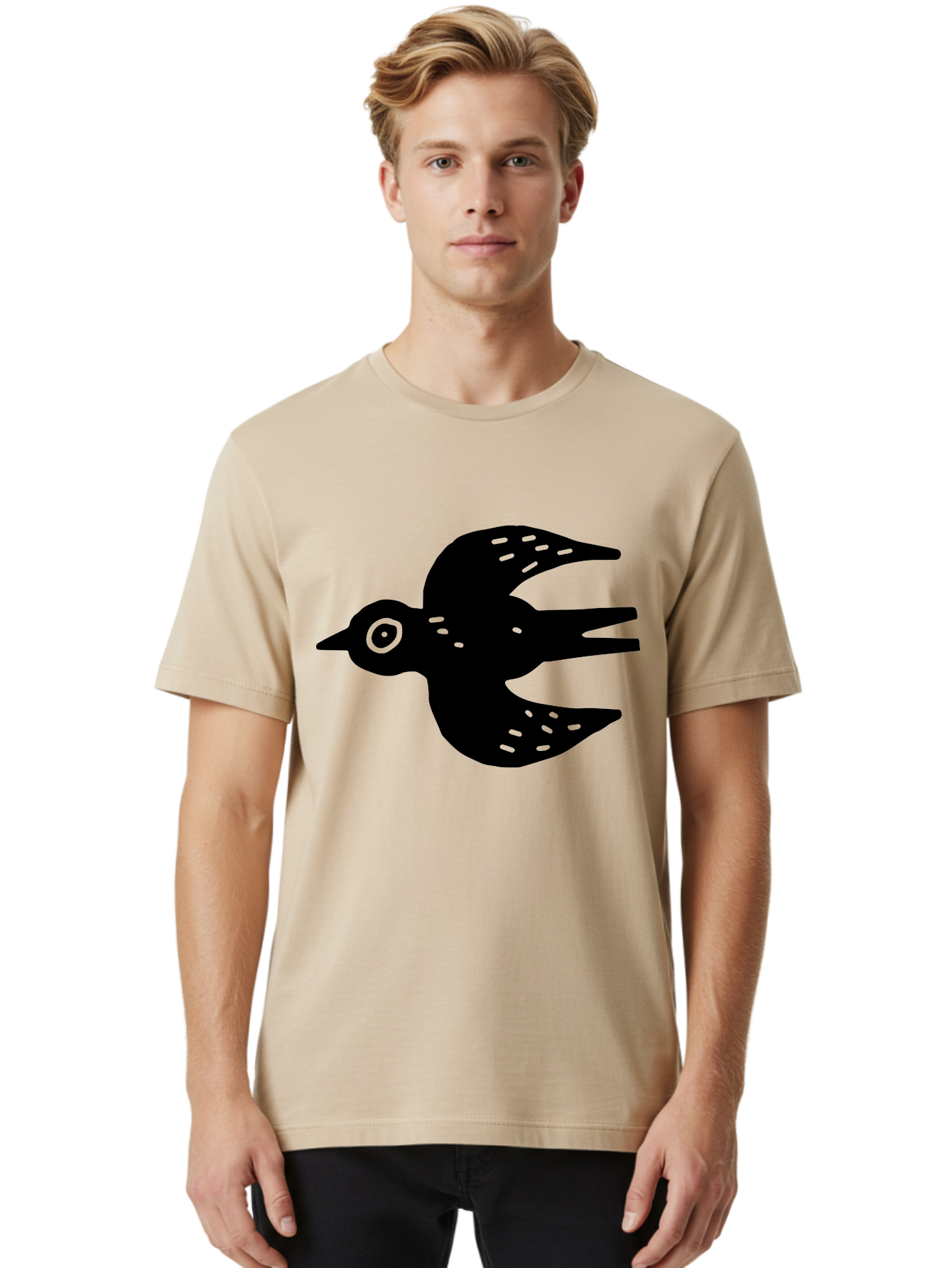 Flying-Bird Men'S Graphic Tee, 100% Cotton, Comfortable Casual Summer Wear, Machine Washable, Black Bird Silhouette, Bird In Flight, Simple Design, Graphic Illustration, Minimalist Art, Wildlife Symbol, Flying Bird, Abstract Shape, - Aaa591