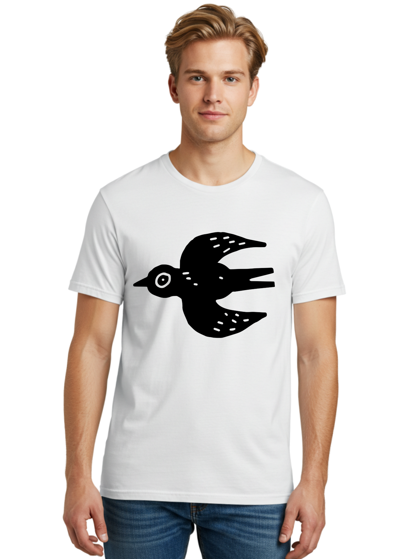 Flying-Bird Men'S Graphic Tee, 100% Cotton, Comfortable Casual Summer Wear, Machine Washable, Black Bird Silhouette, Bird In Flight, Simple Design, Graphic Illustration, Minimalist Art, Wildlife Symbol, Flying Bird, Abstract Shape, - Aaa591