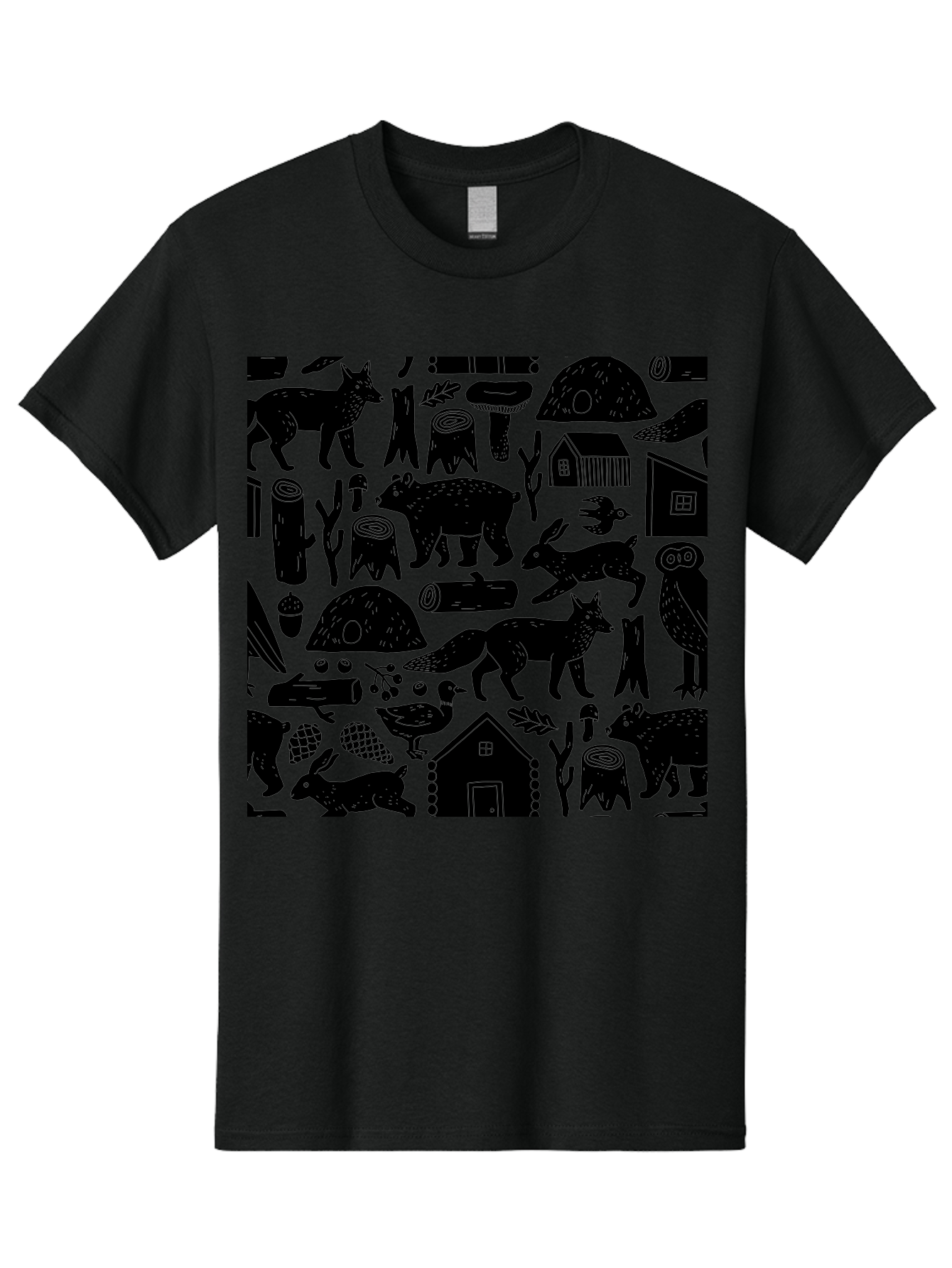 Forest-Animals-Pattern Men'S Graphic Tee, 100% Cotton, Comfortable Casual Summer Wear, Machine Washable, Woodland Animals, Forest Wildlife, Rustic Houses, Trees, Birds, Wildlife Art, Woodsy Landscape, Nature Illustrations, Forest Patterns, - Aaa592