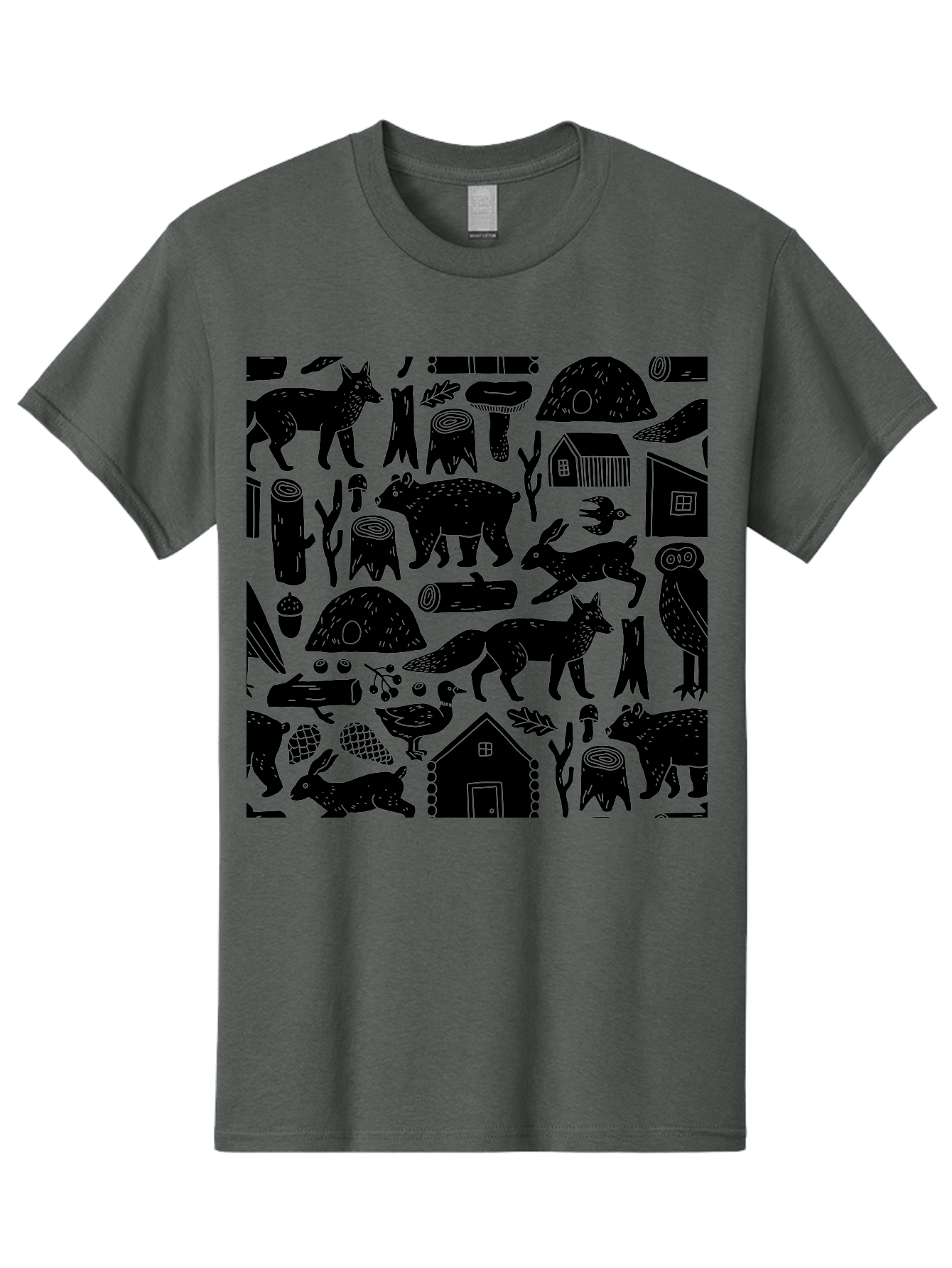 Forest-Animals-Pattern Men'S Graphic Tee, 100% Cotton, Comfortable Casual Summer Wear, Machine Washable, Woodland Animals, Forest Wildlife, Rustic Houses, Trees, Birds, Wildlife Art, Woodsy Landscape, Nature Illustrations, Forest Patterns, - Aaa592