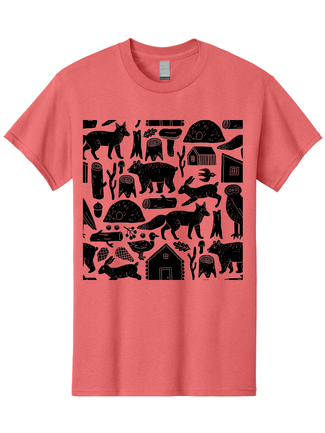 Forest-Animals-Pattern Men'S Graphic Tee, 100% Cotton, Comfortable Casual Summer Wear, Machine Washable, Woodland Animals, Forest Wildlife, Rustic Houses, Trees, Birds, Wildlife Art, Woodsy Landscape, Nature Illustrations, Forest Patterns, - Aaa592