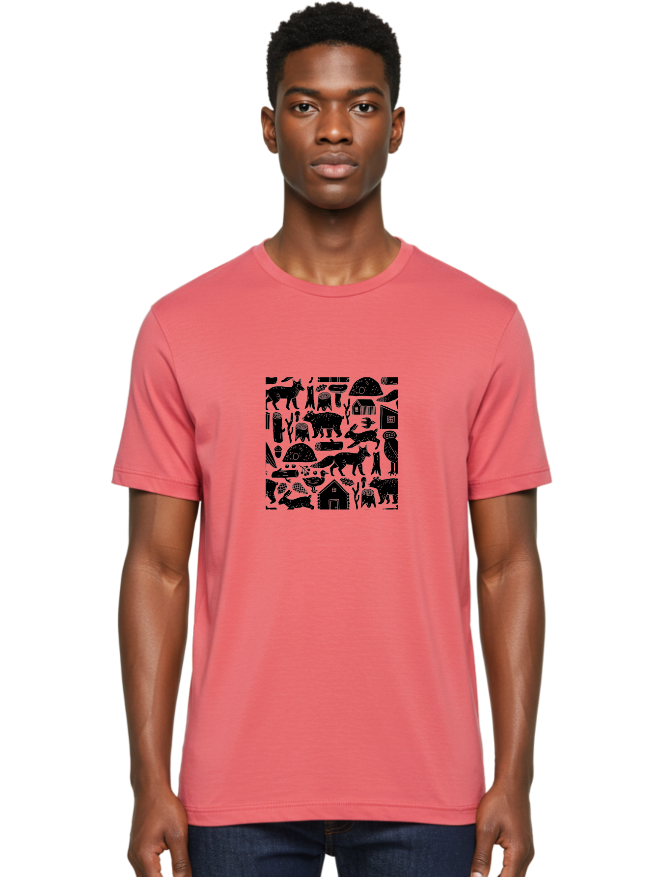 Forest-Animals-Pattern Men'S Graphic Tee, 100% Cotton, Comfortable Casual Summer Wear, Machine Washable, Woodland Animals, Forest Wildlife, Rustic Houses, Trees, Birds, Wildlife Art, Woodsy Landscape, Nature Illustrations, Forest Patterns, - Aaa592