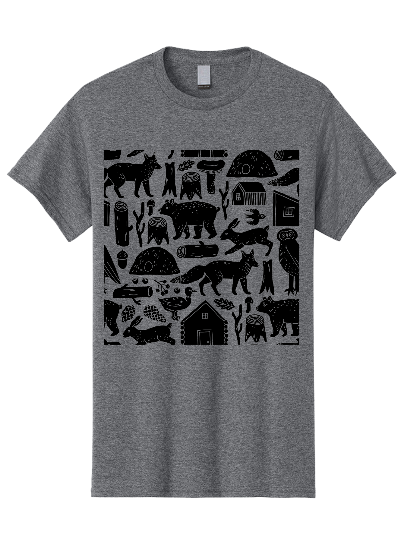 Forest-Animals-Pattern Men'S Graphic Tee, 100% Cotton, Comfortable Casual Summer Wear, Machine Washable, Woodland Animals, Forest Wildlife, Rustic Houses, Trees, Birds, Wildlife Art, Woodsy Landscape, Nature Illustrations, Forest Patterns, - Aaa592