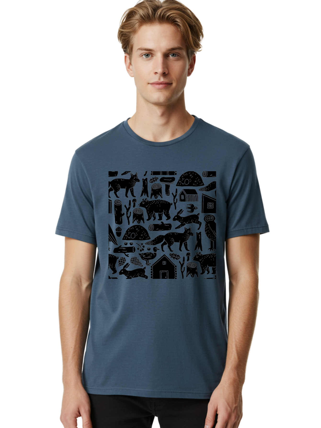 Forest-Animals-Pattern Men'S Graphic Tee, 100% Cotton, Comfortable Casual Summer Wear, Machine Washable, Woodland Animals, Forest Wildlife, Rustic Houses, Trees, Birds, Wildlife Art, Woodsy Landscape, Nature Illustrations, Forest Patterns, - Aaa592