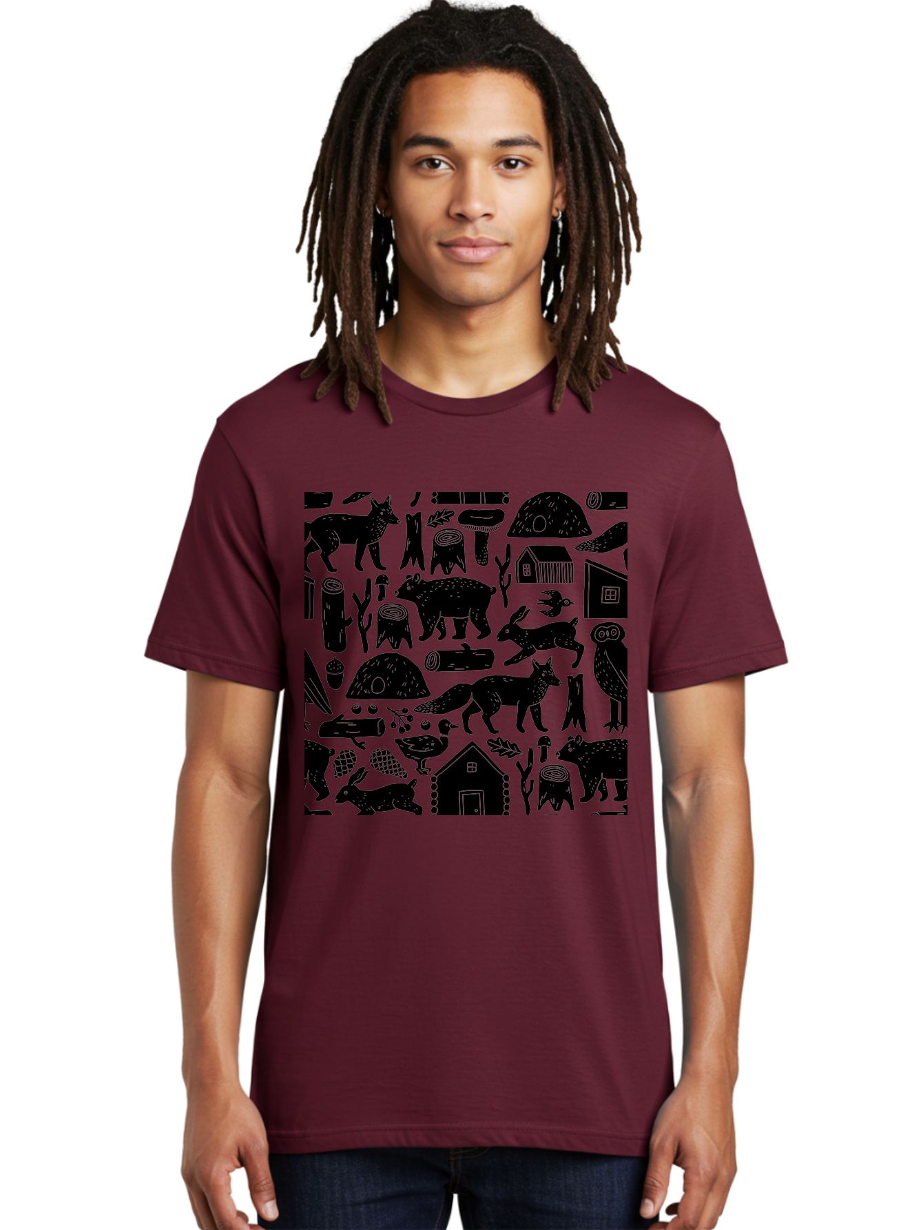 Forest-Animals-Pattern Men'S Graphic Tee, 100% Cotton, Comfortable Casual Summer Wear, Machine Washable, Woodland Animals, Forest Wildlife, Rustic Houses, Trees, Birds, Wildlife Art, Woodsy Landscape, Nature Illustrations, Forest Patterns, - Aaa592