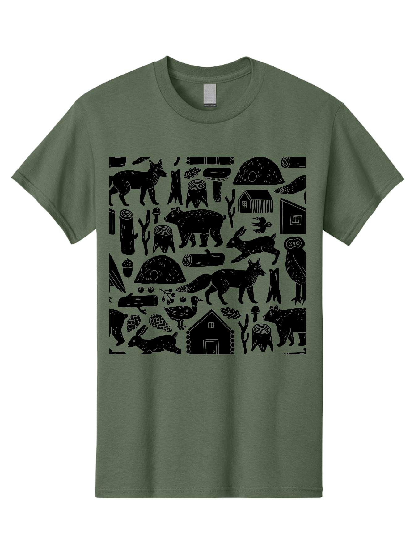Forest-Animals-Pattern Men'S Graphic Tee, 100% Cotton, Comfortable Casual Summer Wear, Machine Washable, Woodland Animals, Forest Wildlife, Rustic Houses, Trees, Birds, Wildlife Art, Woodsy Landscape, Nature Illustrations, Forest Patterns, - Aaa592