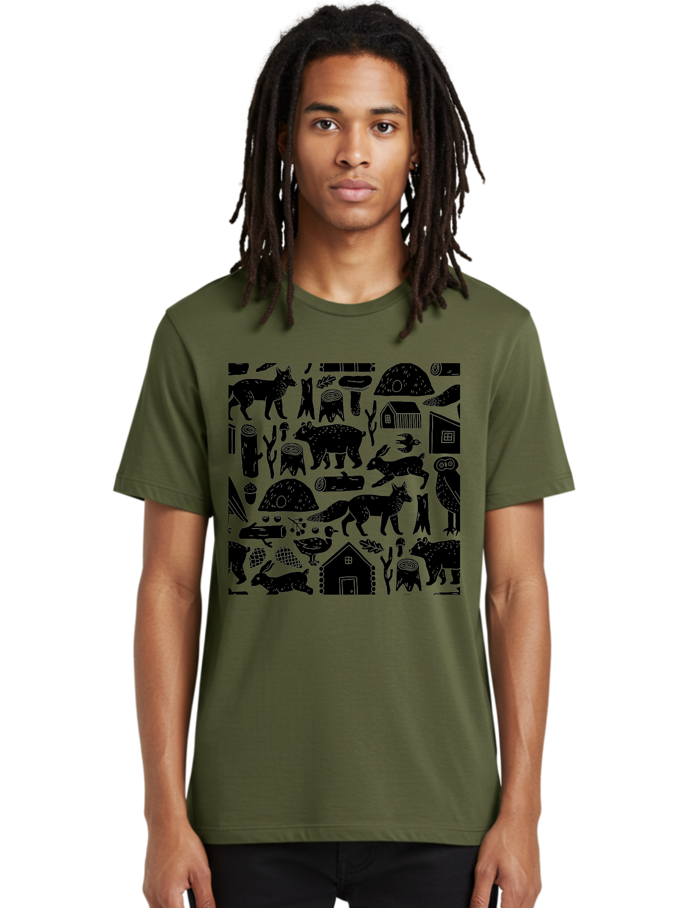 Forest-Animals-Pattern Men'S Graphic Tee, 100% Cotton, Comfortable Casual Summer Wear, Machine Washable, Woodland Animals, Forest Wildlife, Rustic Houses, Trees, Birds, Wildlife Art, Woodsy Landscape, Nature Illustrations, Forest Patterns, - Aaa592