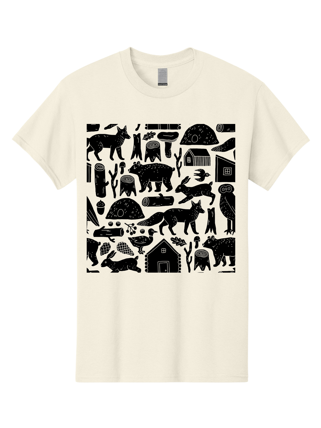 Forest-Animals-Pattern Men'S Graphic Tee, 100% Cotton, Comfortable Casual Summer Wear, Machine Washable, Woodland Animals, Forest Wildlife, Rustic Houses, Trees, Birds, Wildlife Art, Woodsy Landscape, Nature Illustrations, Forest Patterns, - Aaa592