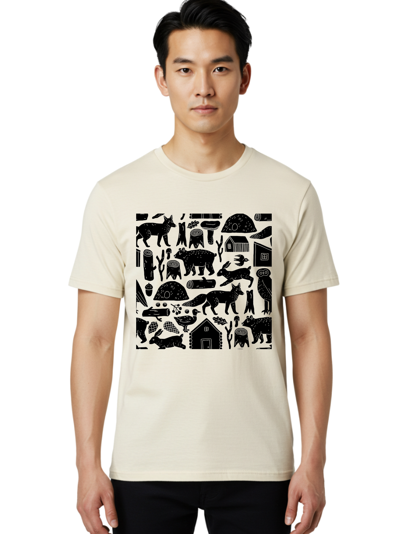 Forest-Animals-Pattern Men'S Graphic Tee, 100% Cotton, Comfortable Casual Summer Wear, Machine Washable, Woodland Animals, Forest Wildlife, Rustic Houses, Trees, Birds, Wildlife Art, Woodsy Landscape, Nature Illustrations, Forest Patterns, - Aaa592