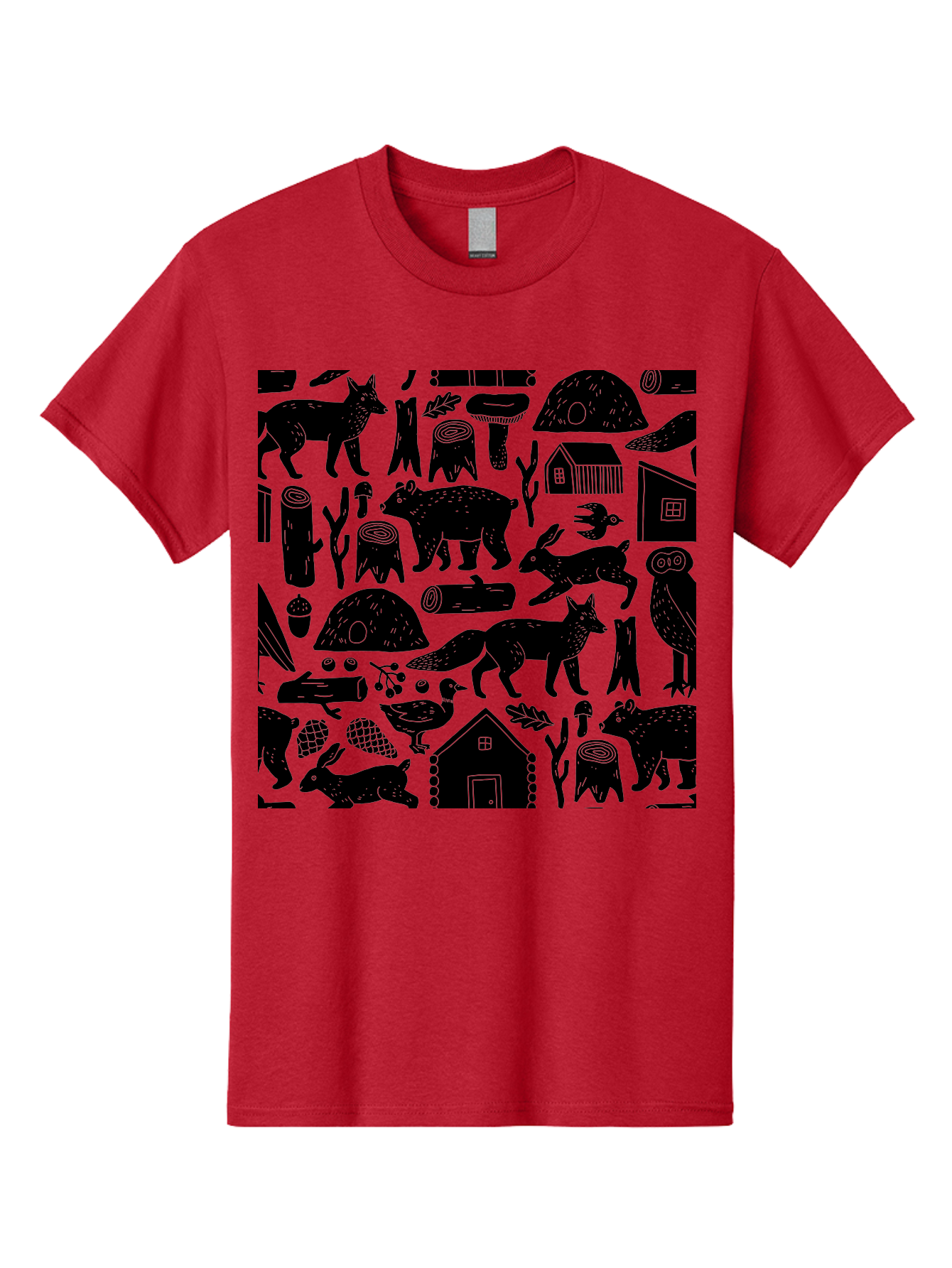 Forest-Animals-Pattern Men'S Graphic Tee, 100% Cotton, Comfortable Casual Summer Wear, Machine Washable, Woodland Animals, Forest Wildlife, Rustic Houses, Trees, Birds, Wildlife Art, Woodsy Landscape, Nature Illustrations, Forest Patterns, - Aaa592