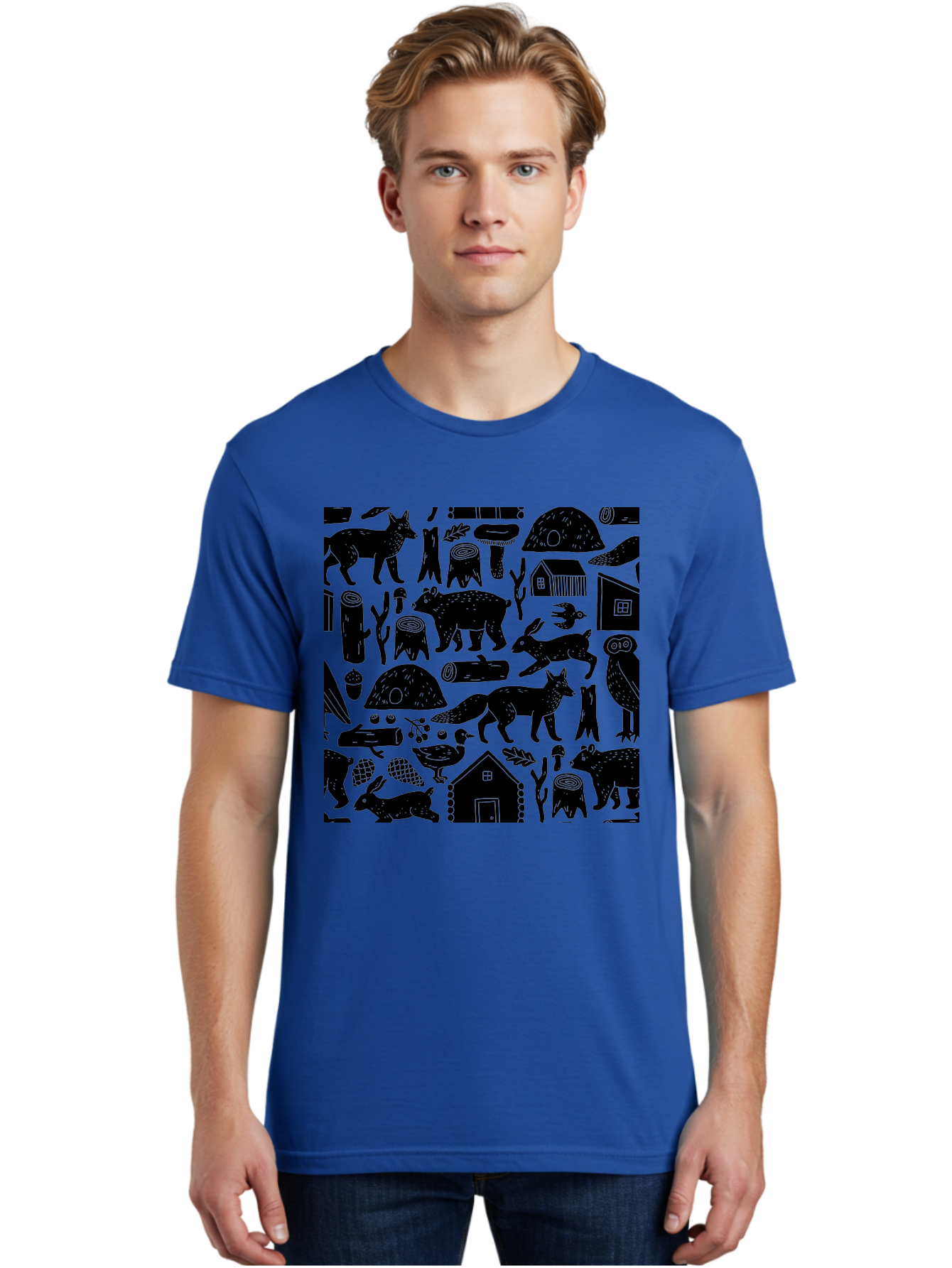 Forest-Animals-Pattern Men'S Graphic Tee, 100% Cotton, Comfortable Casual Summer Wear, Machine Washable, Woodland Animals, Forest Wildlife, Rustic Houses, Trees, Birds, Wildlife Art, Woodsy Landscape, Nature Illustrations, Forest Patterns, - Aaa592