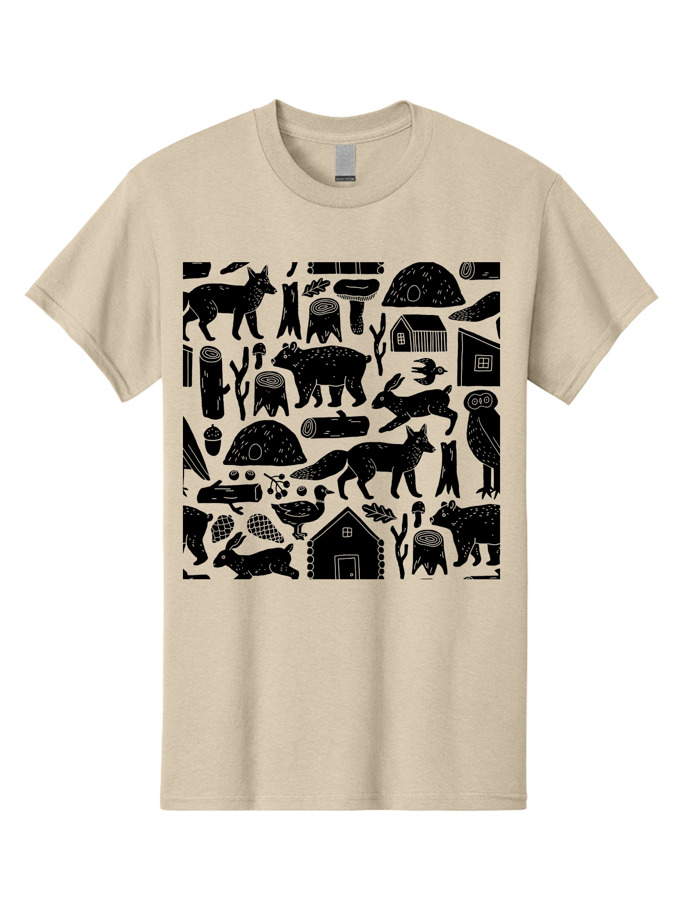 Forest-Animals-Pattern Men'S Graphic Tee, 100% Cotton, Comfortable Casual Summer Wear, Machine Washable, Woodland Animals, Forest Wildlife, Rustic Houses, Trees, Birds, Wildlife Art, Woodsy Landscape, Nature Illustrations, Forest Patterns, - Aaa592