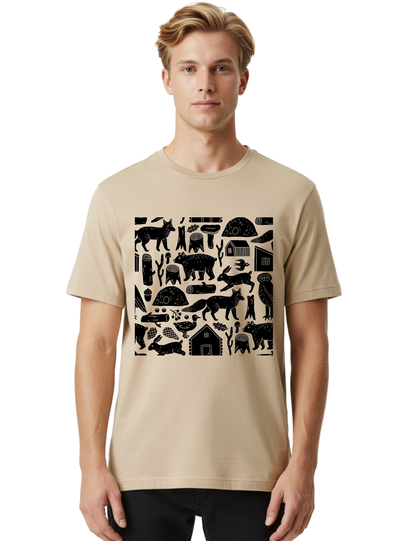 Forest-Animals-Pattern Men'S Graphic Tee, 100% Cotton, Comfortable Casual Summer Wear, Machine Washable, Woodland Animals, Forest Wildlife, Rustic Houses, Trees, Birds, Wildlife Art, Woodsy Landscape, Nature Illustrations, Forest Patterns, - Aaa592