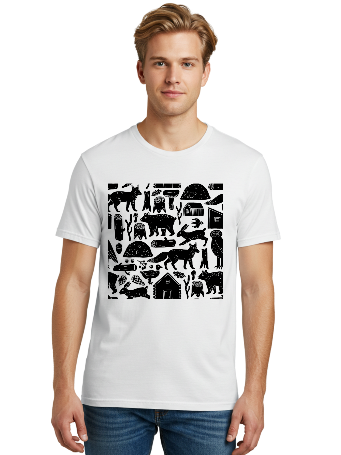 Forest-Animals-Pattern Men'S Graphic Tee, 100% Cotton, Comfortable Casual Summer Wear, Machine Washable, Woodland Animals, Forest Wildlife, Rustic Houses, Trees, Birds, Wildlife Art, Woodsy Landscape, Nature Illustrations, Forest Patterns, - Aaa592