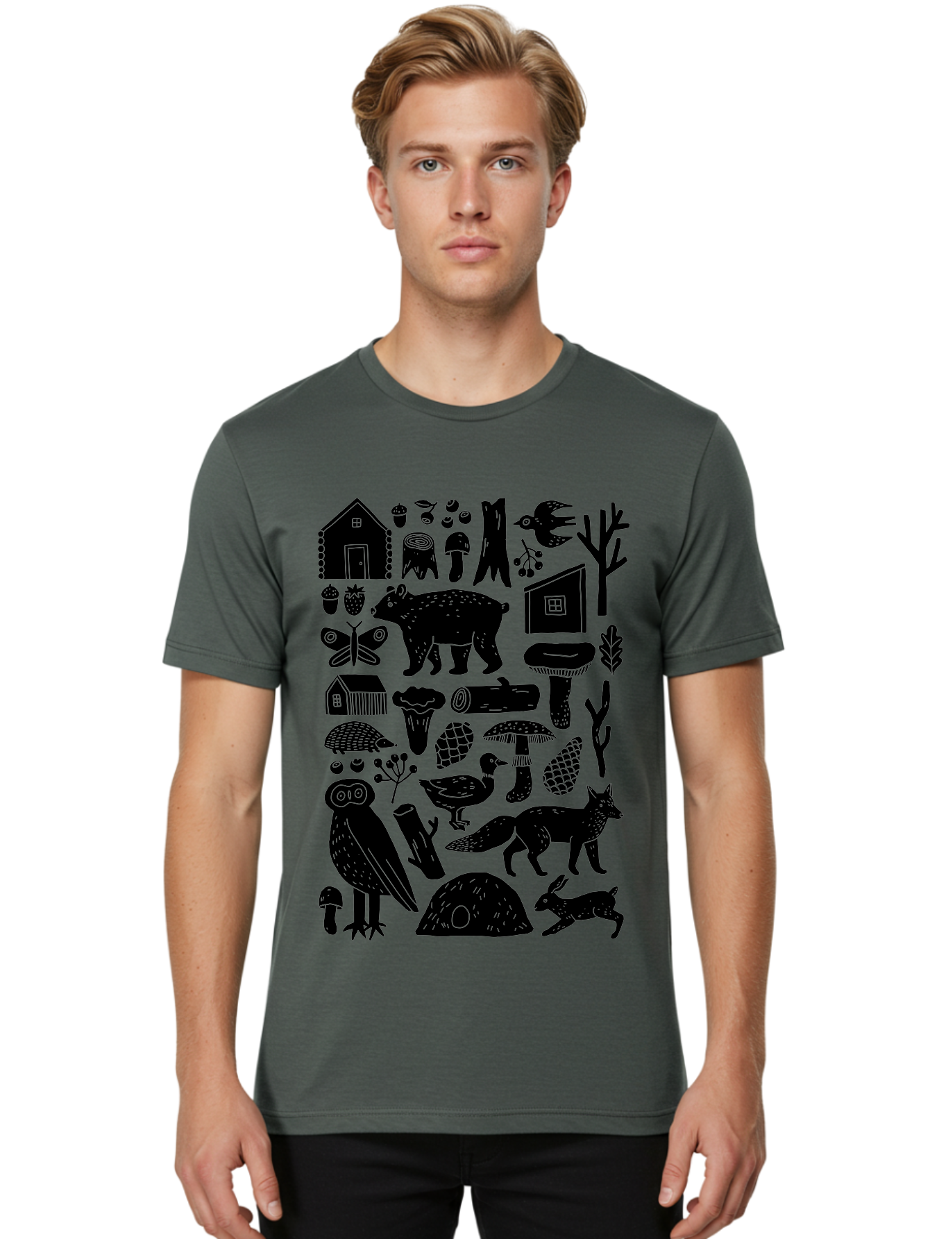 Forest-Creatures Men'S Graphic Tee, 100% Cotton, Comfortable Casual Summer Wear, Machine Washable, Forest Wildlife, Bear, Owl, Fox, Rabbit, Birds, Trees, Mushrooms, Houses, Log, Berries, Butterfly, Duck, Natural Scenery, Wildlife Icons, - Aaa593